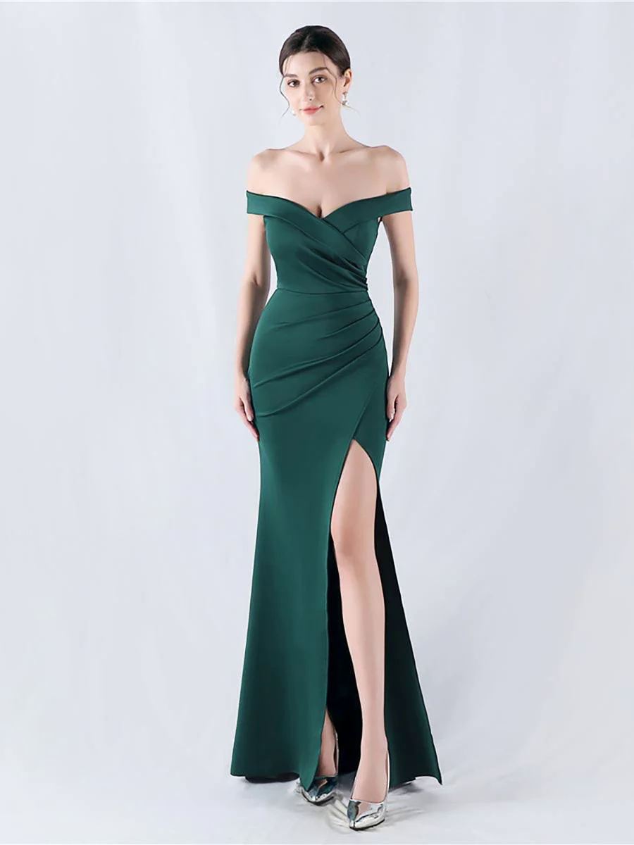 Off Shoulder Ruched Split Prom Dress MYN1003