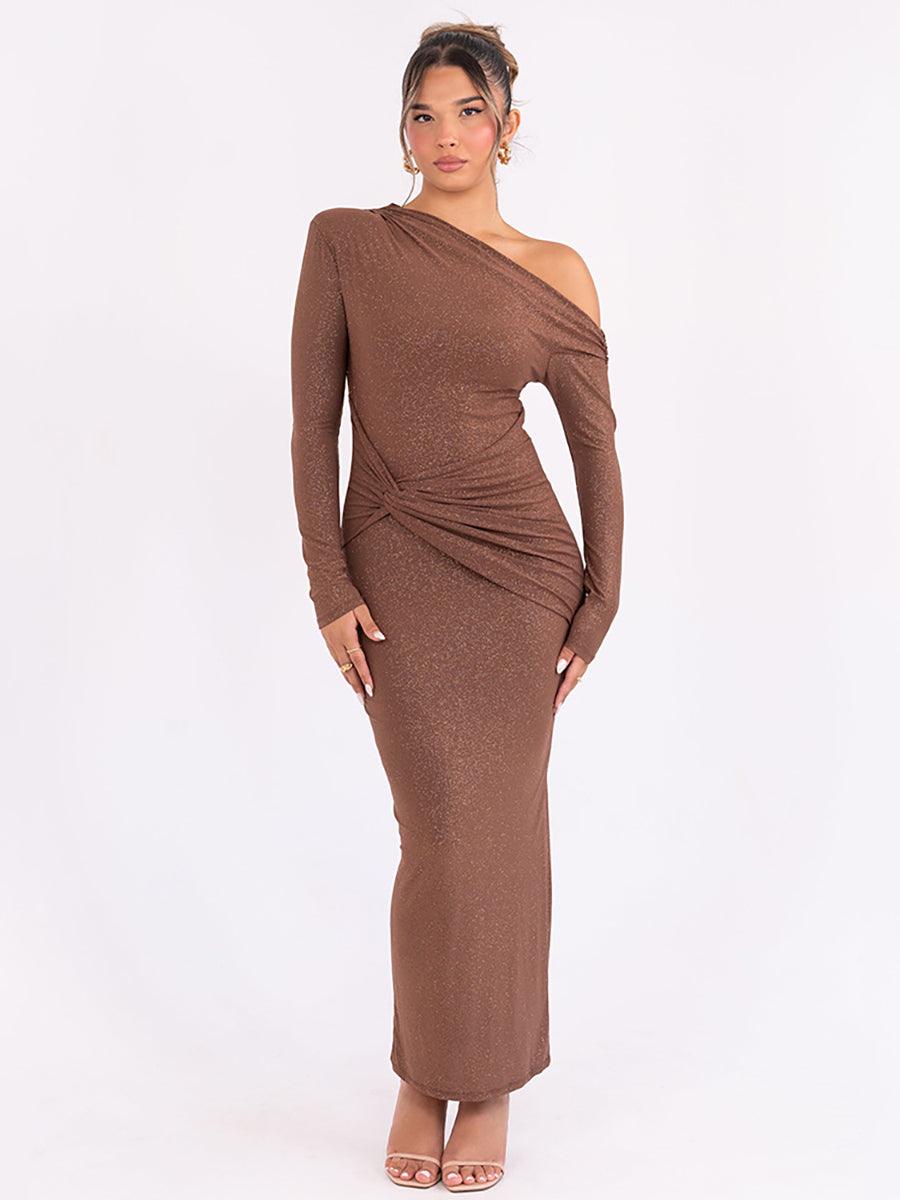 Slash Neck Solid Ruched Knot Prom Dress MYC2023