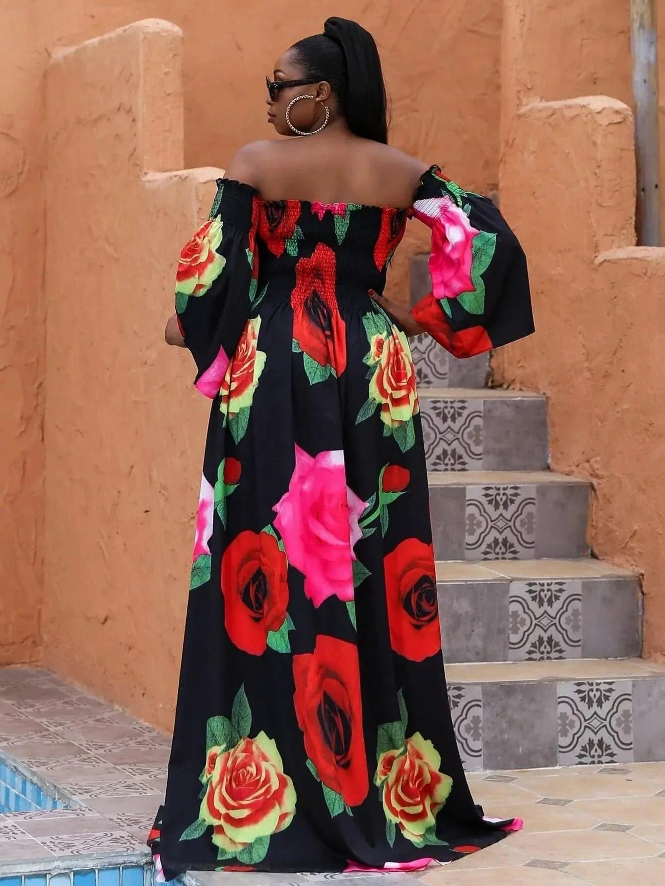 Missord Plus Floral Print Shirred Bardot Dress P0121