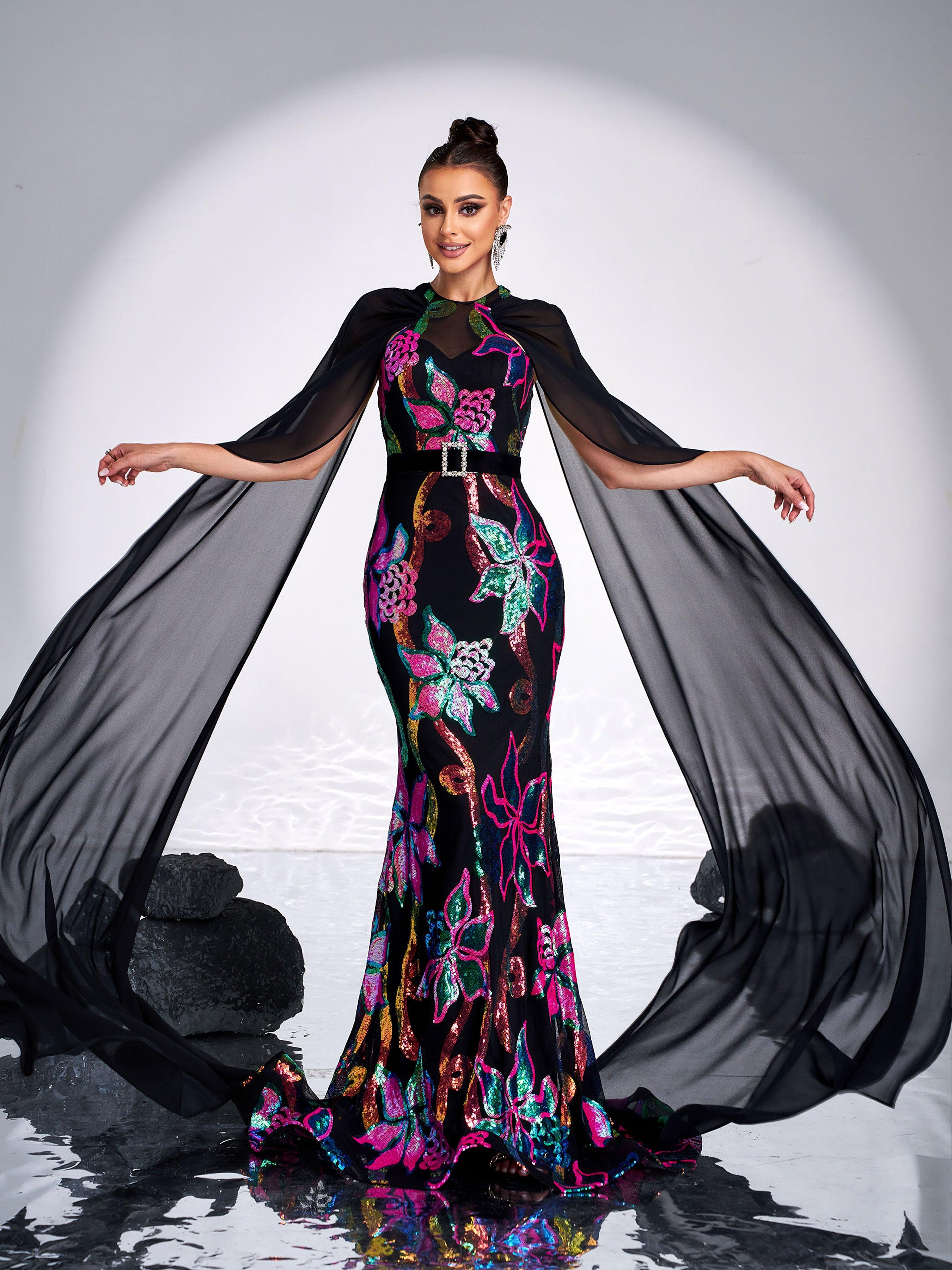 Elegant Round Neck Floral Sequin Mermaid Evening Dress DH80213