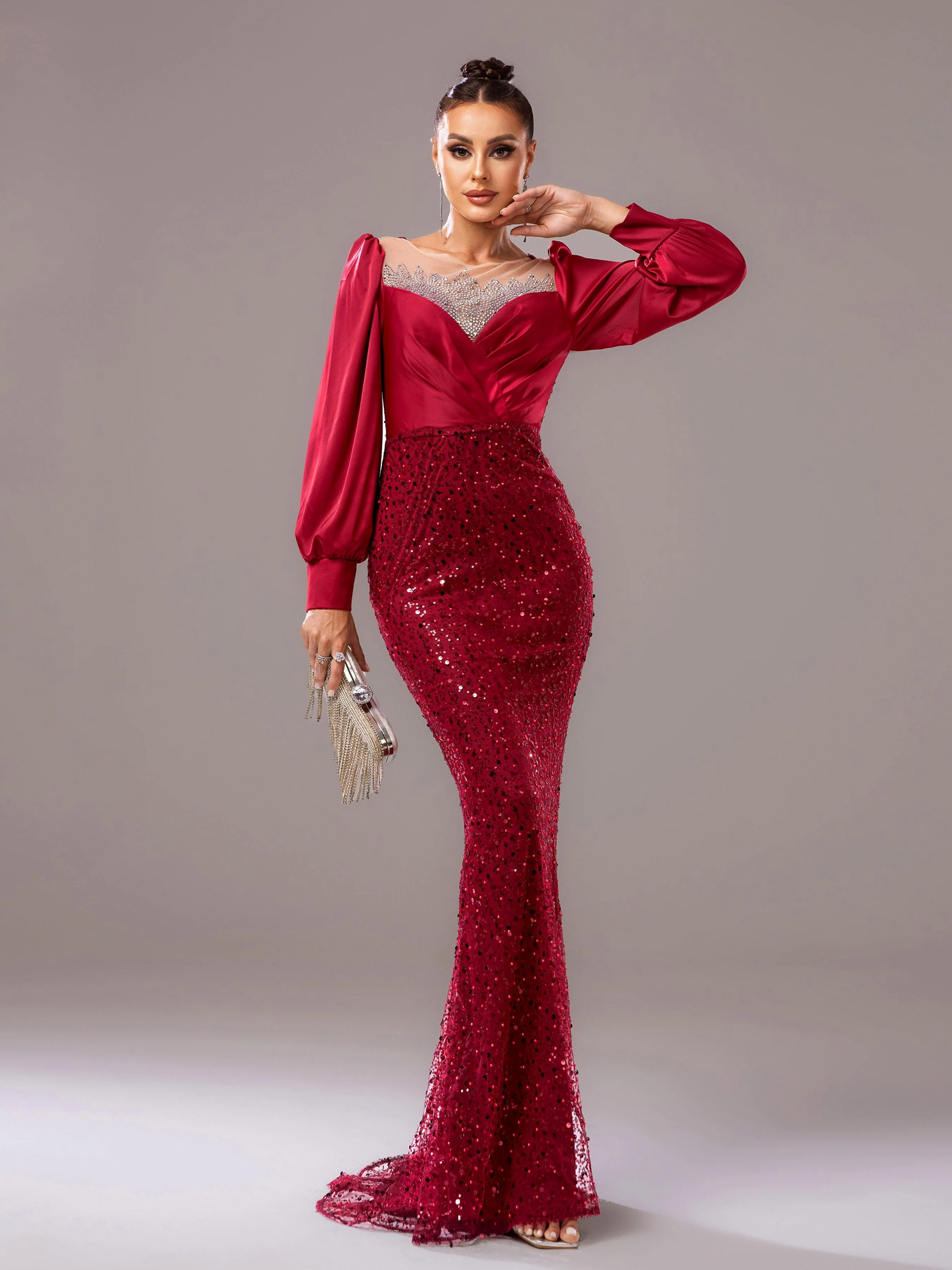 Red Panel Sequin Long Sleeve Mermaid Evening Dress RJ11967