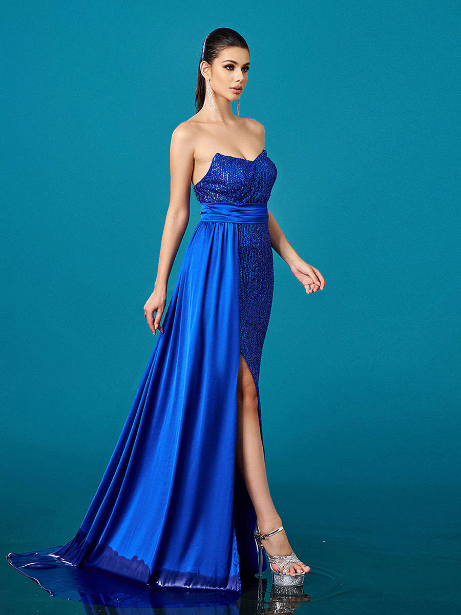 Blue Strapless Draped Backless Sequin Prom Dress RX70206