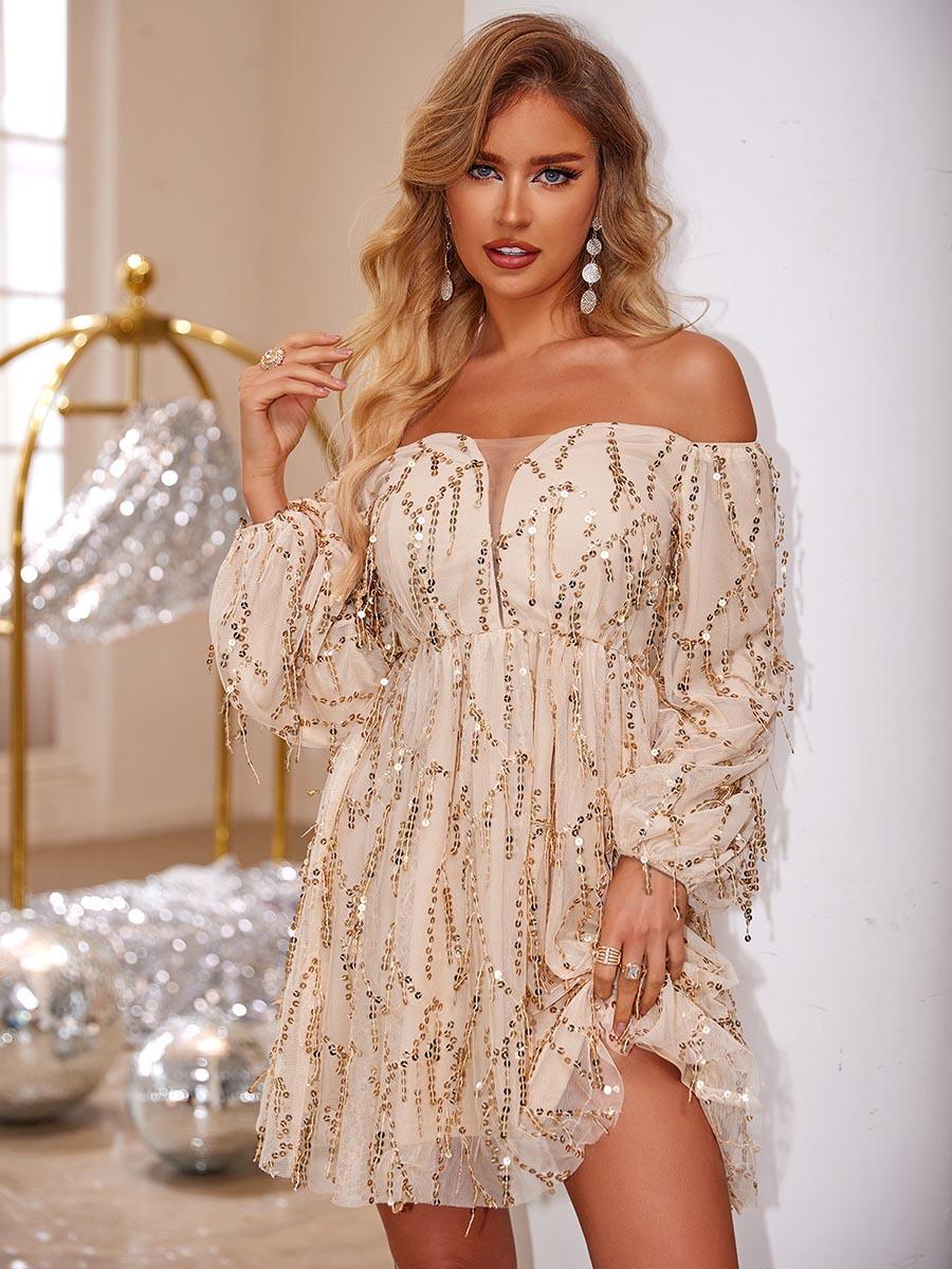 Fringed Sequin Off Shoulder A-line Mini Dress MCC1212