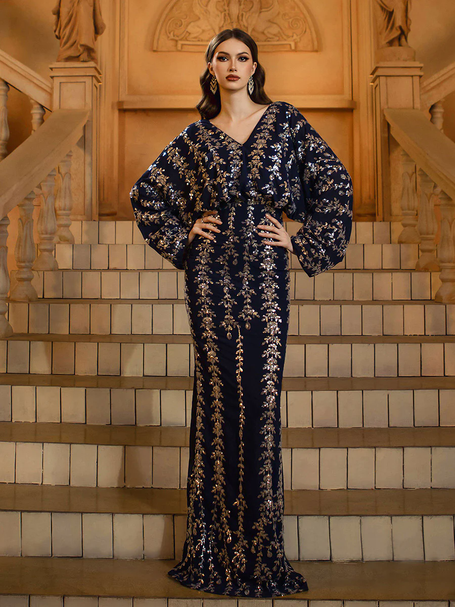 Bat-sleeve V-neck Leaf Sequin Loose Dress MES72148