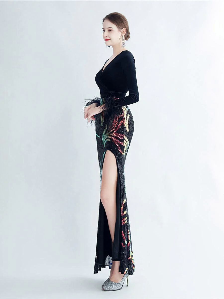 Long Sleeve Velvet Feather Wrap Prom Dress MCW0949
