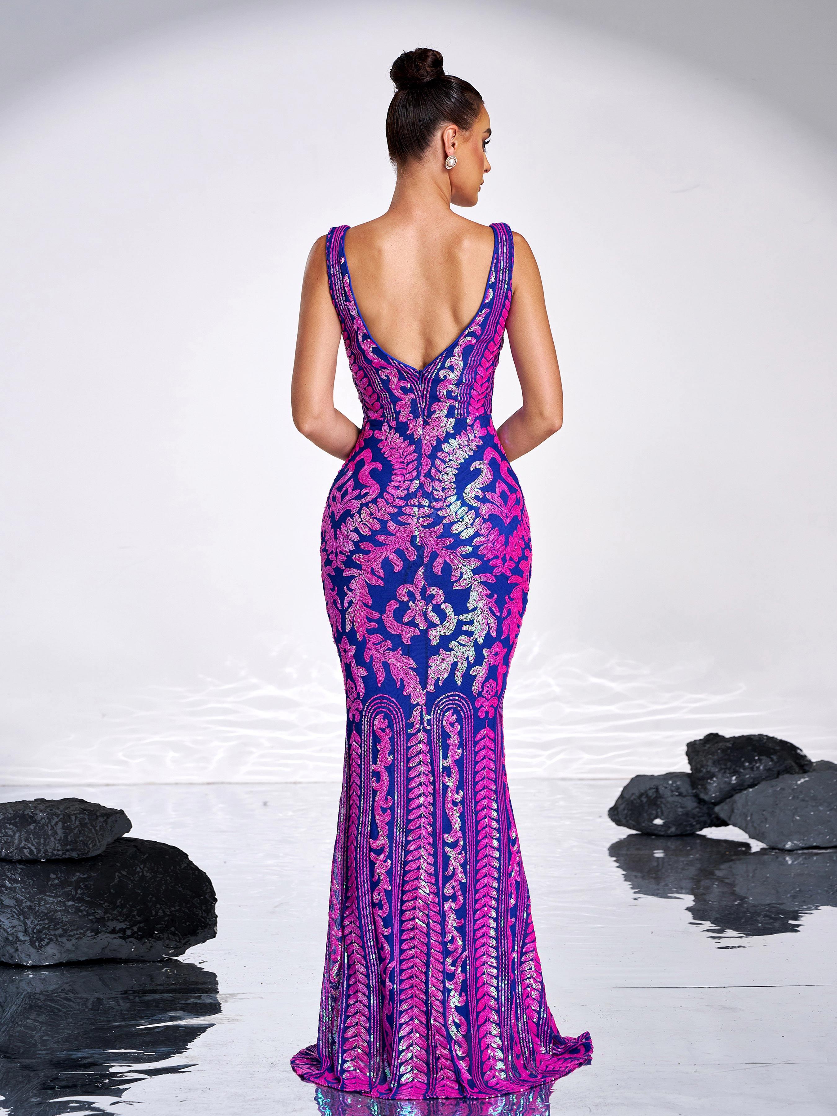 V Neck Sleeveless Tribal Sequin Black Dress XJ2305