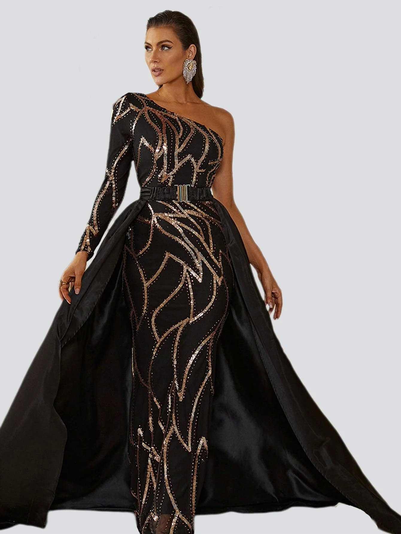 One Shoulder Cloak Sequin Prom Dress XH2172