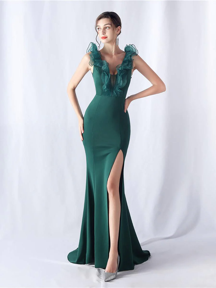 Ruffled Split V-neck Mermaid Prom Dress MYC2010
