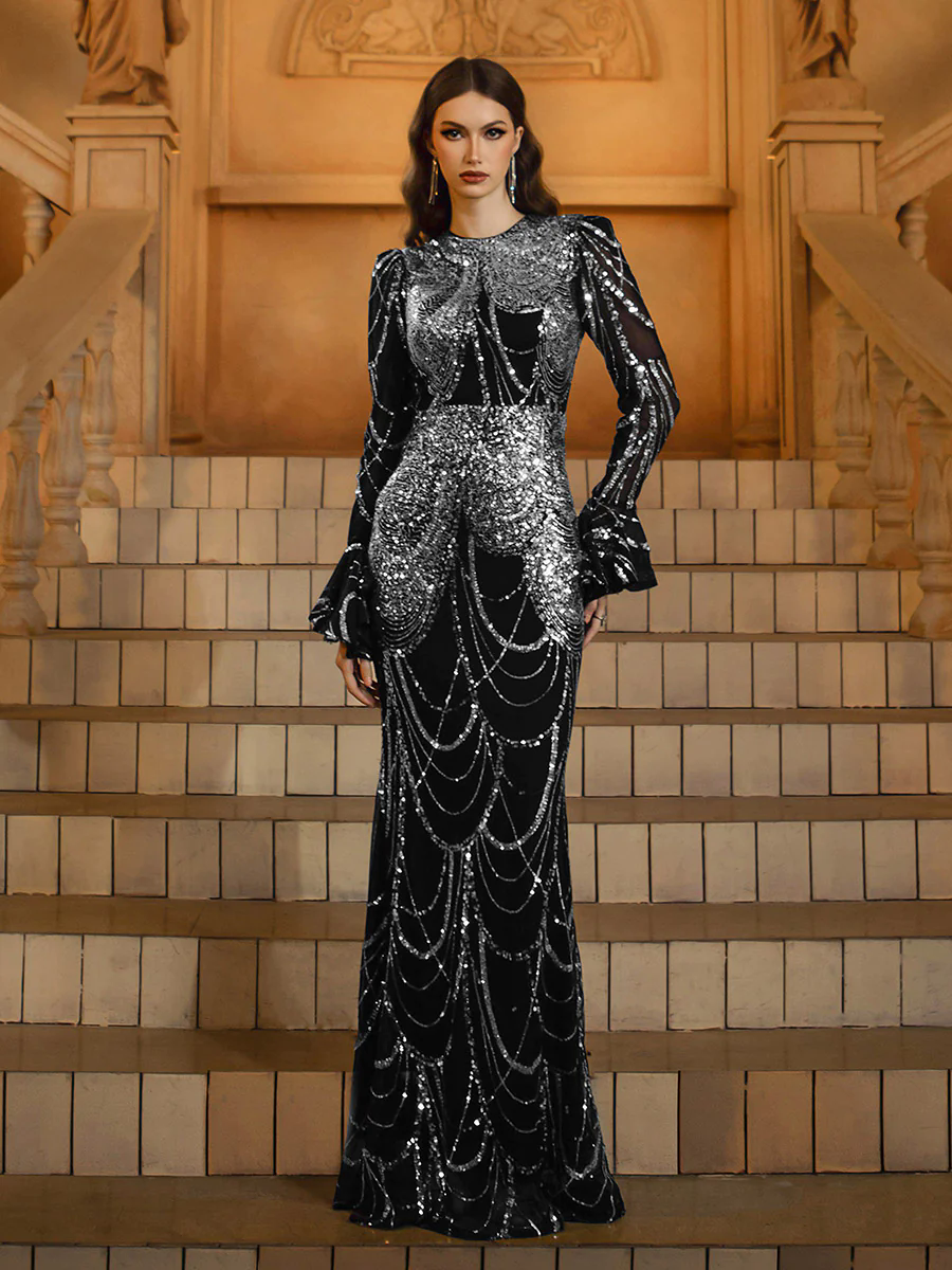 Black Sequin Ruffled Baroque Formal Dress MES72155
