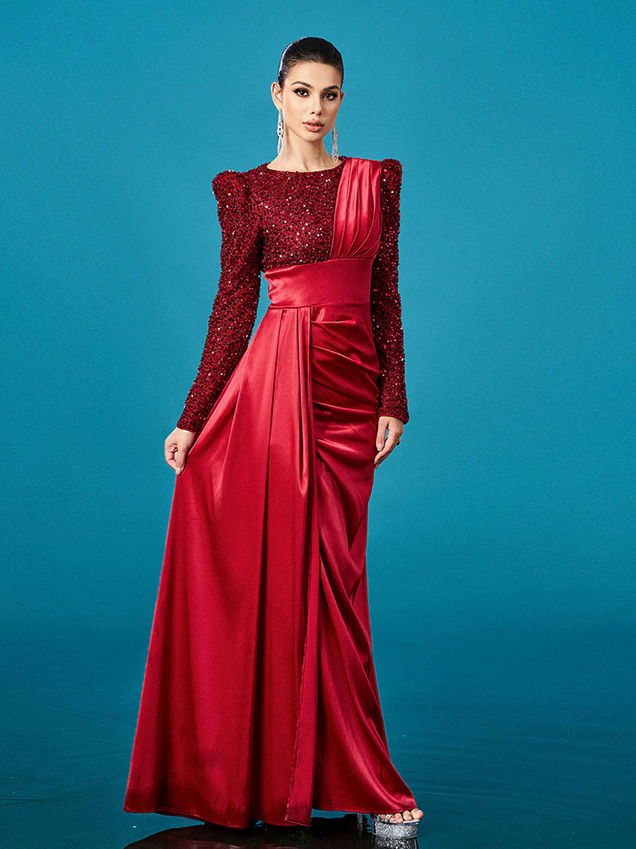 Red Panel Split Ruched Long Sleeve Prom Dress DH80422