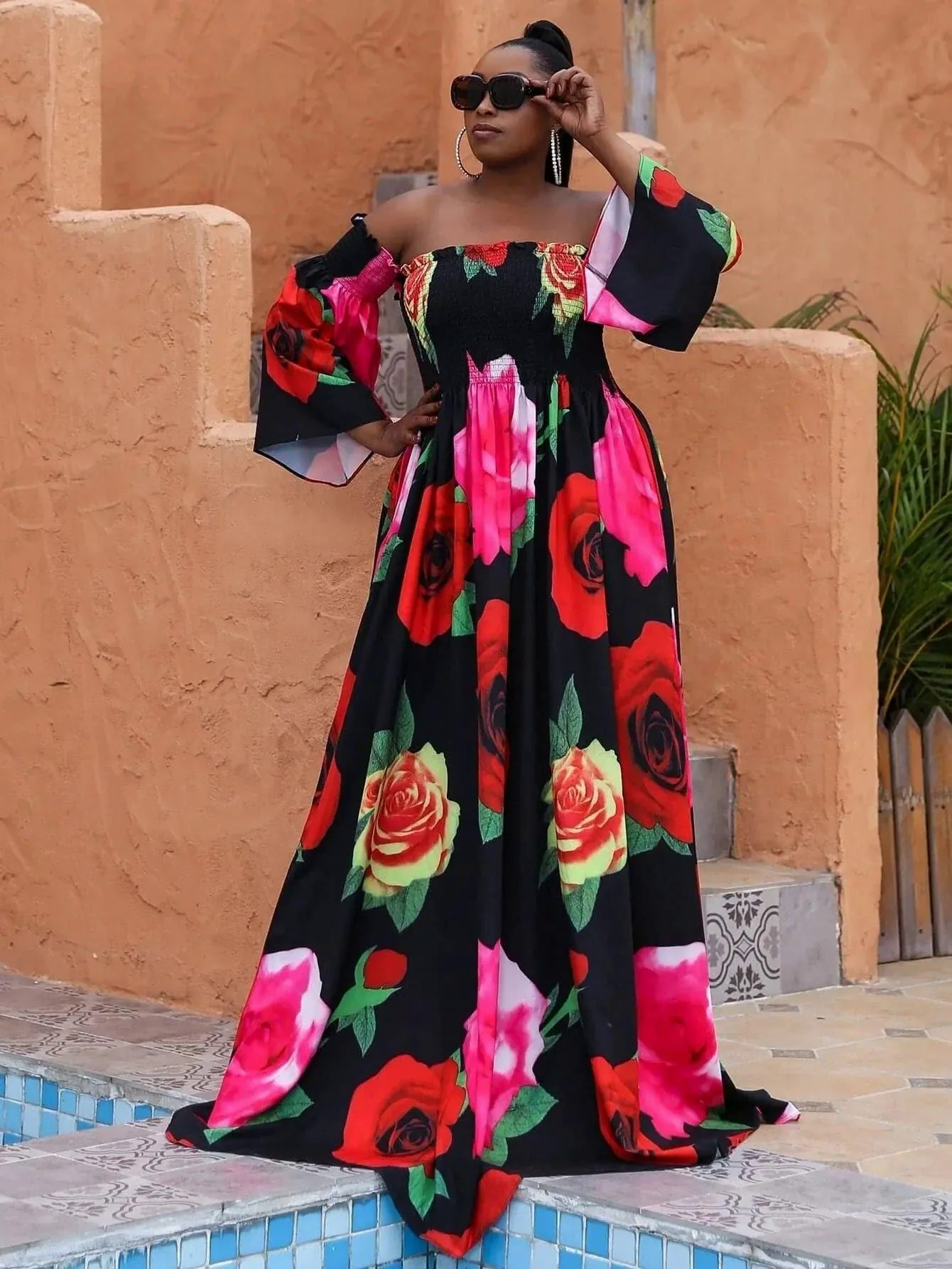 Missord Plus Floral Print Shirred Bardot Dress P0121