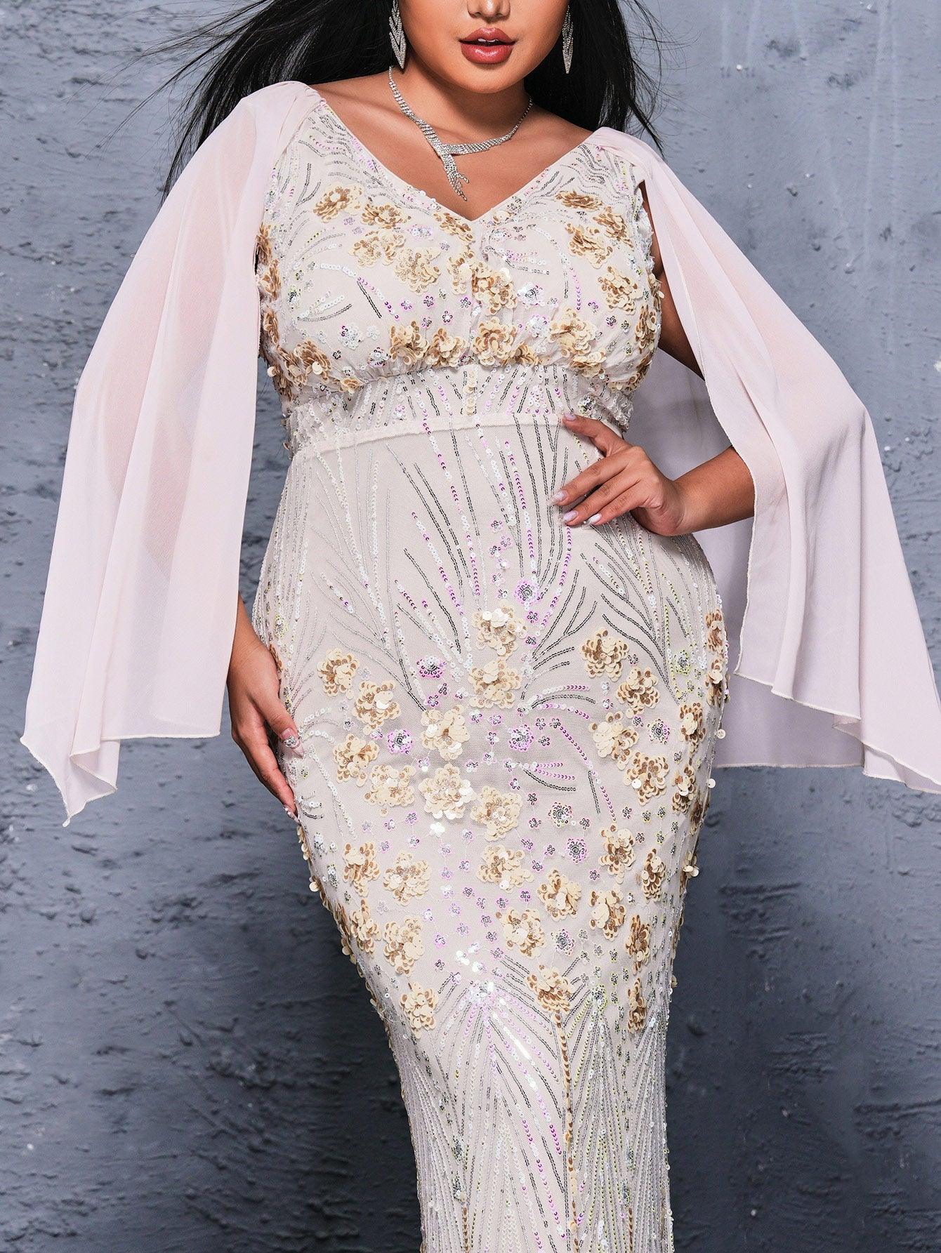 Plus V-neck Floral Sequin Mermaid Dress PRX70154