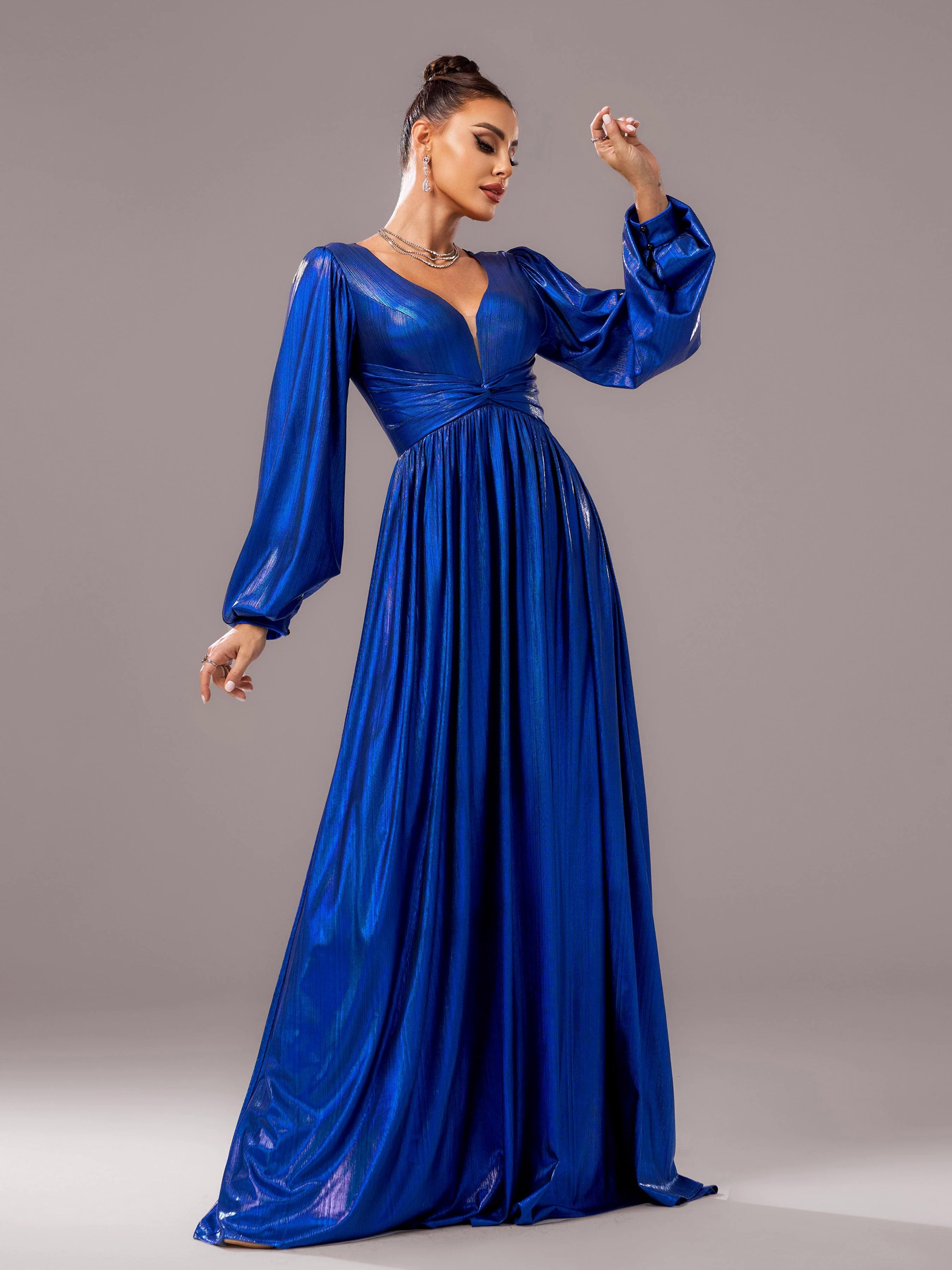 Blue V-neck Long Sleeve A-line Prom Dress DH80273