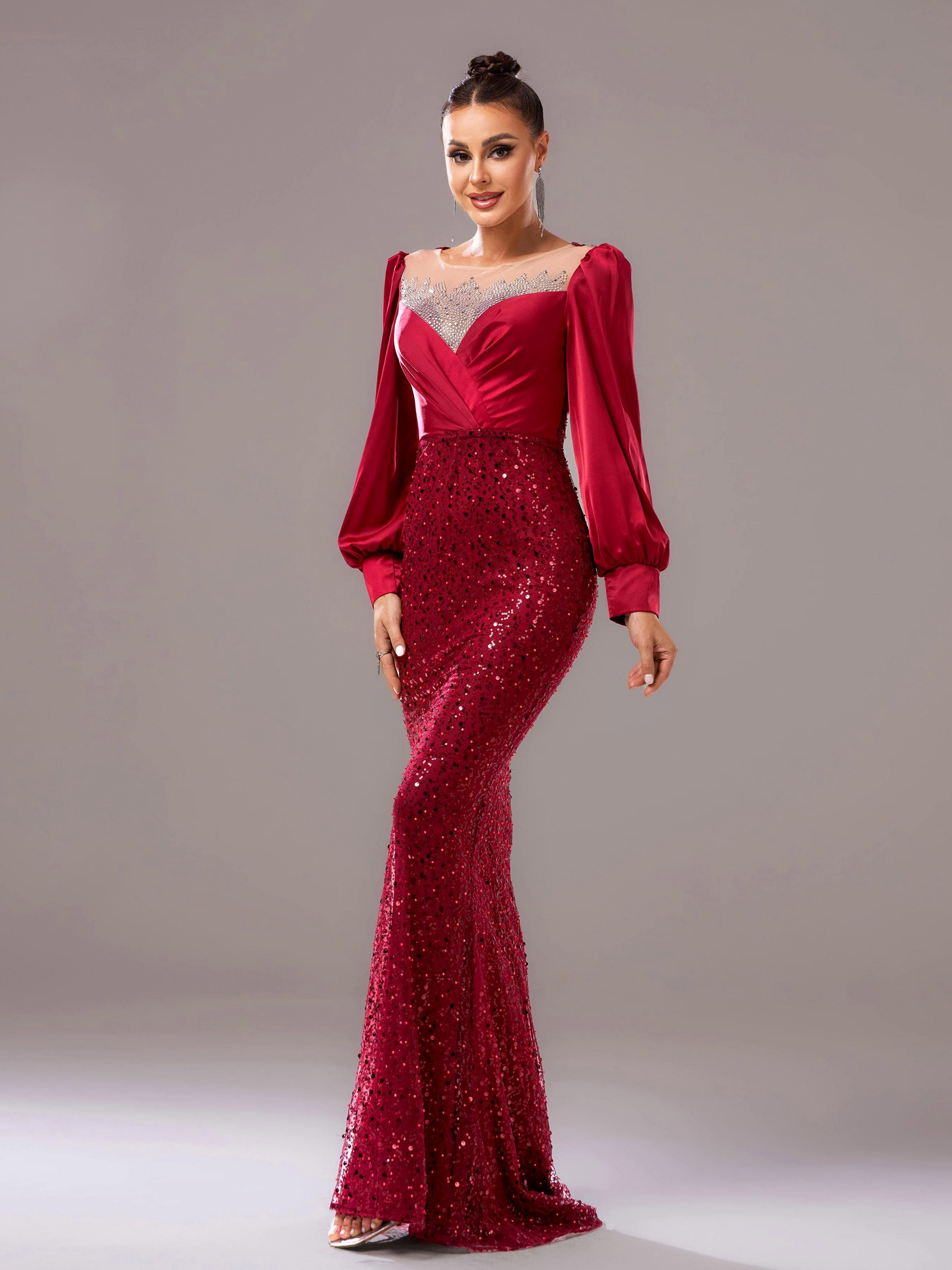 Red Panel Sequin Long Sleeve Mermaid Evening Dress RJ11967