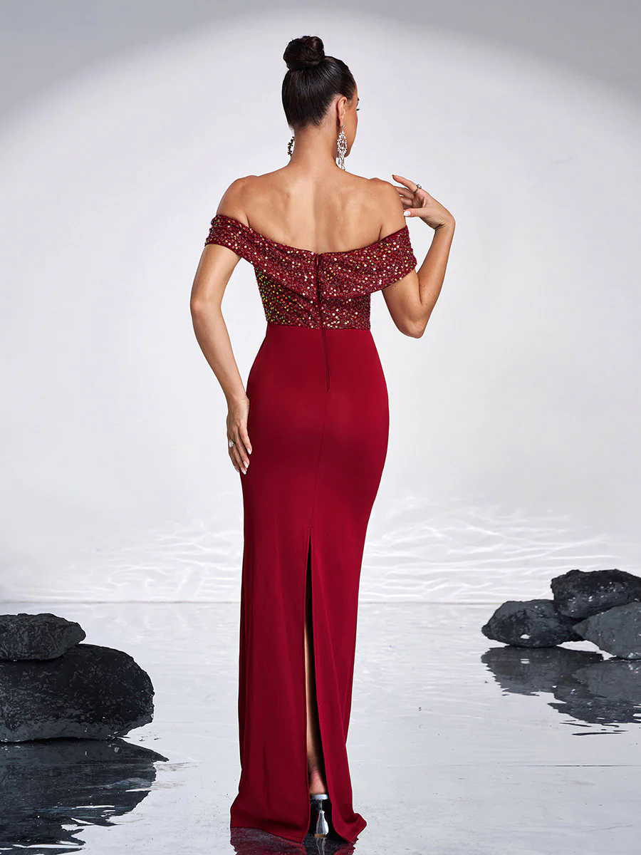 Off Shoulder Sequins Panel Black Evening Dress RM20181