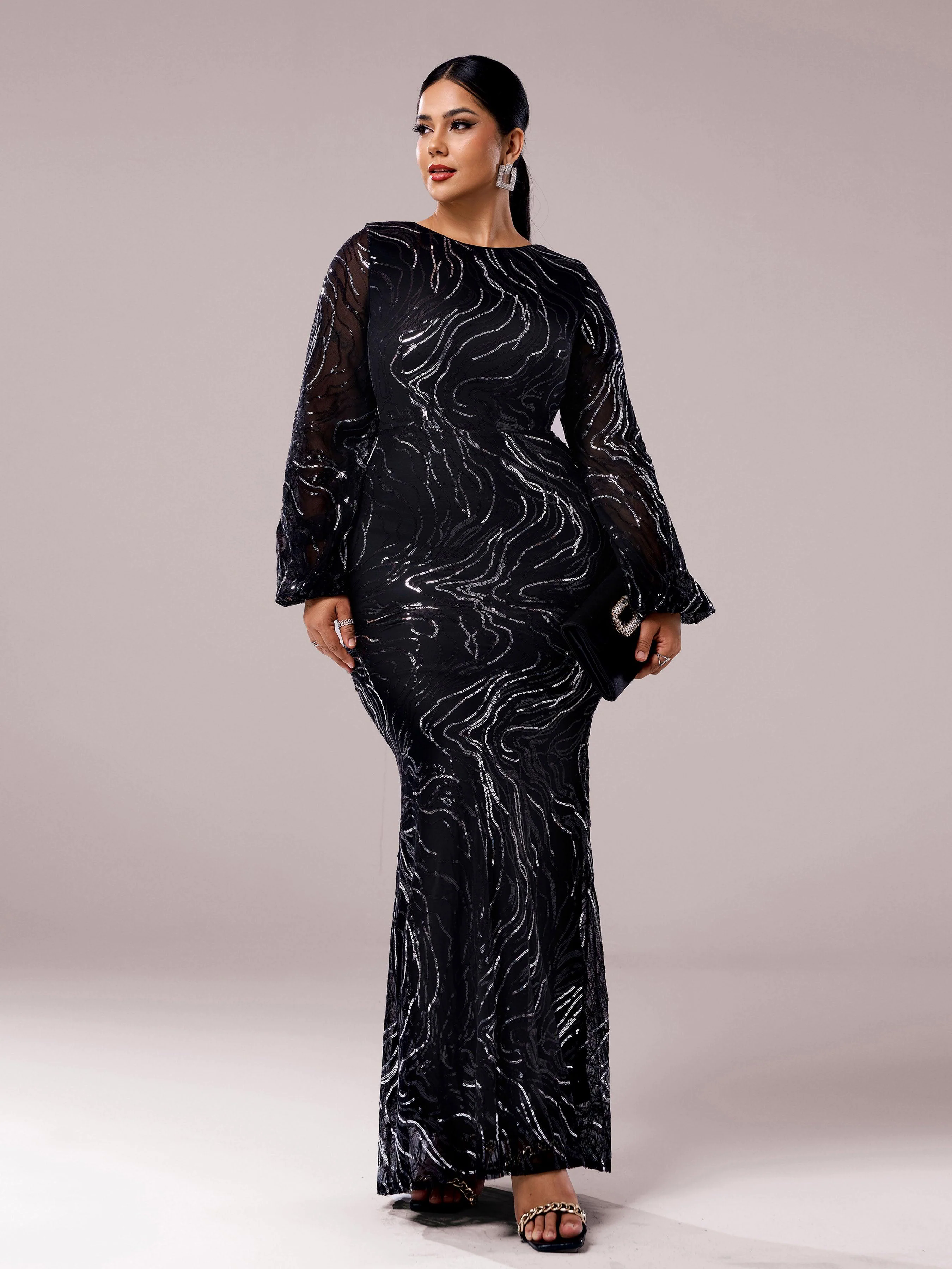 Long Sleeve Maxi Mermaid Sequin Dress XJ1500
