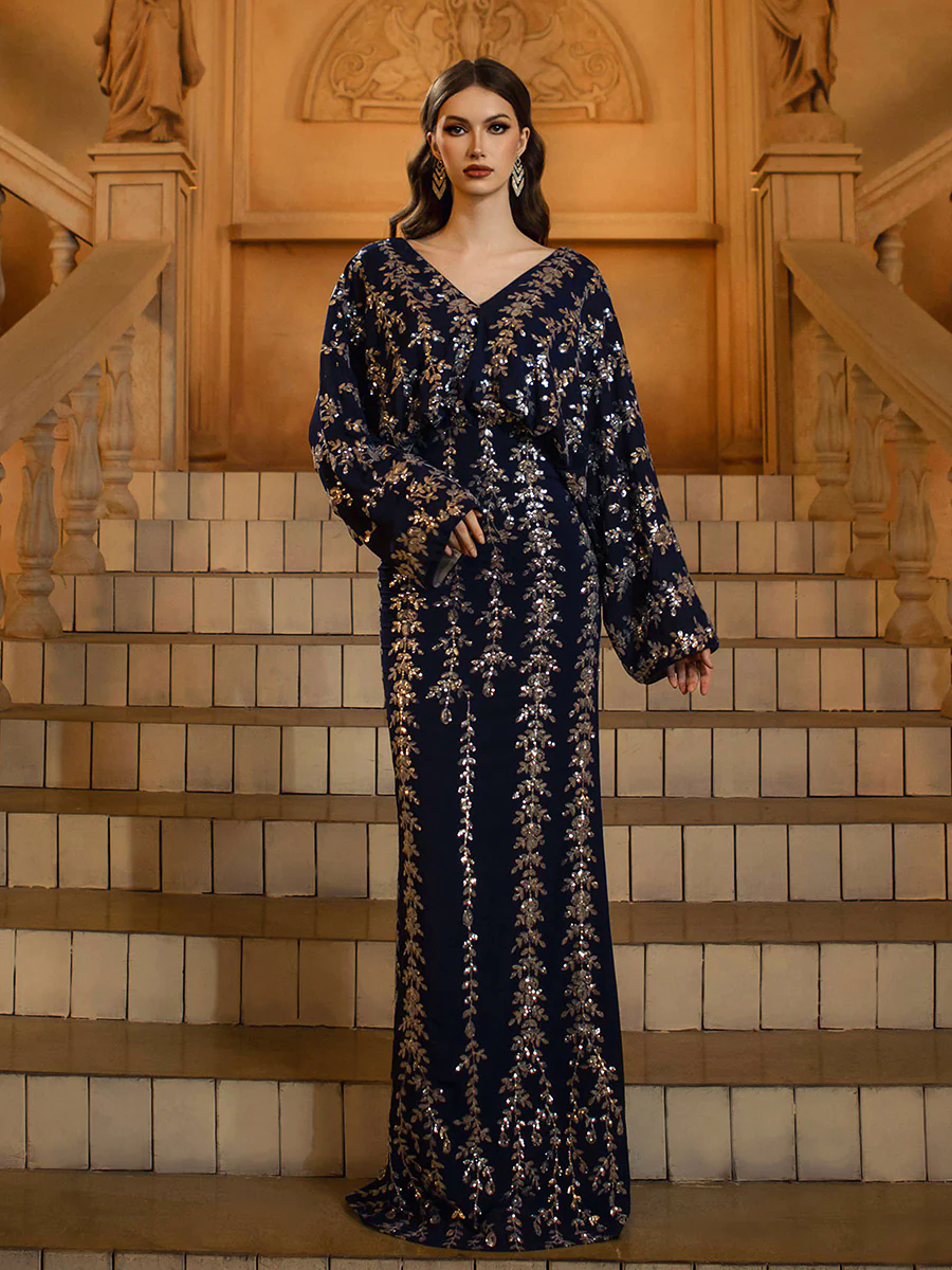 Bat-sleeve V-neck Leaf Sequin Loose Dress MES72148