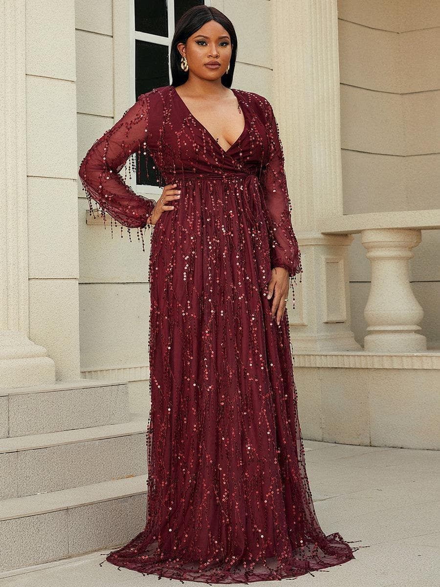 Plus V Neck Red Sequin Mesh Maxi Dress P0376