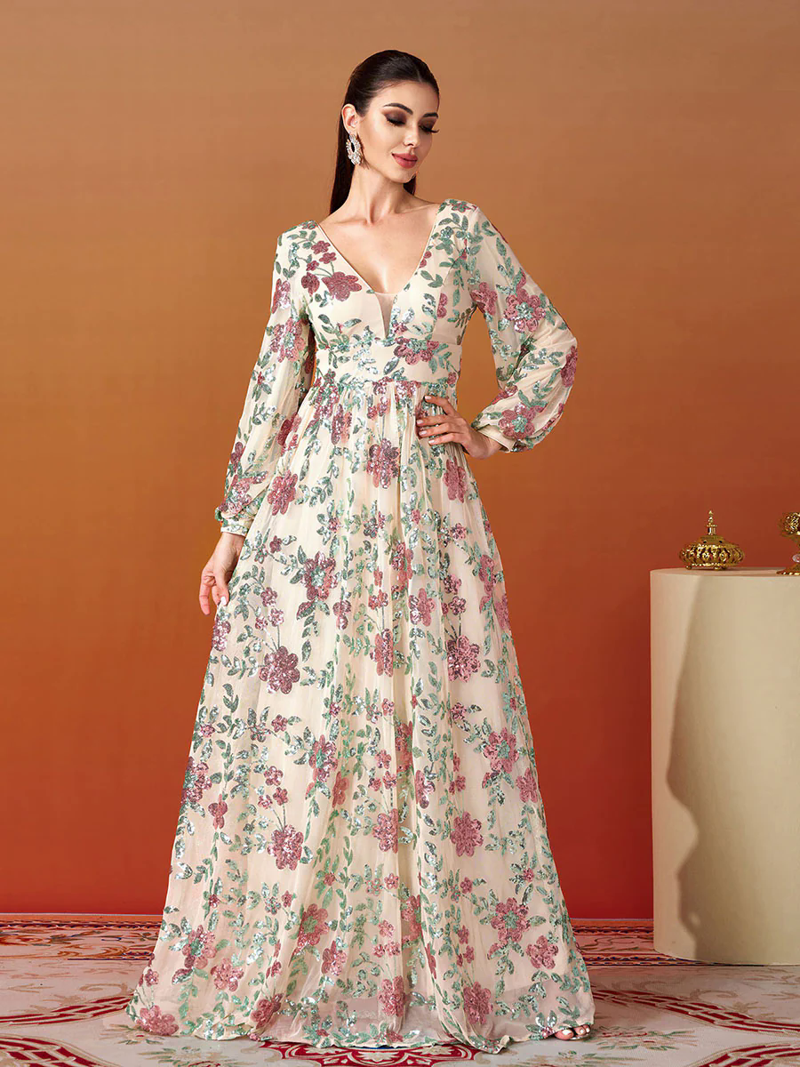 V-Neck Backless Tulle Apricot Prom Dress RJ10789