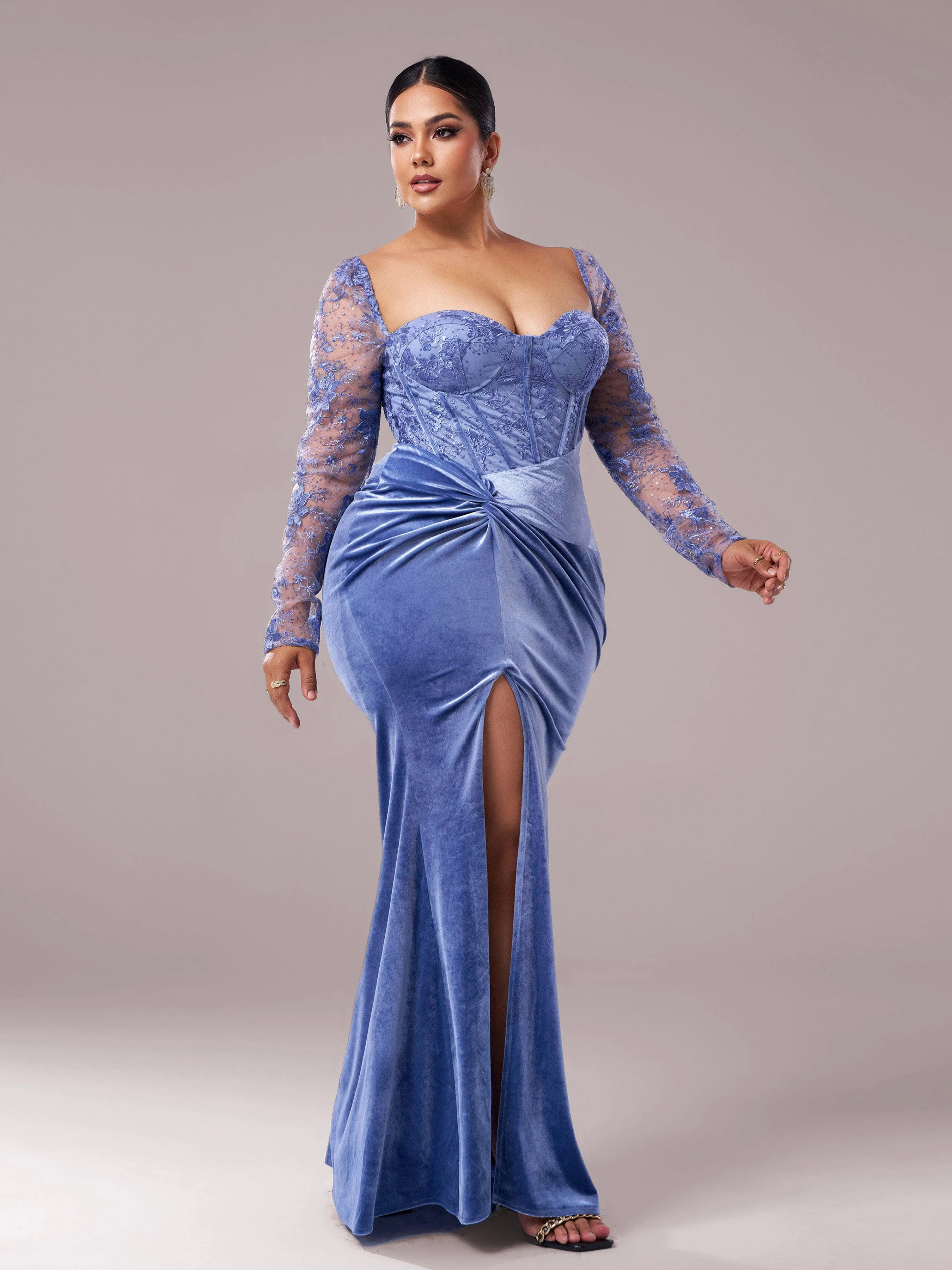Plus Blue Corset Embroidered Split Prom Dress PRX70249