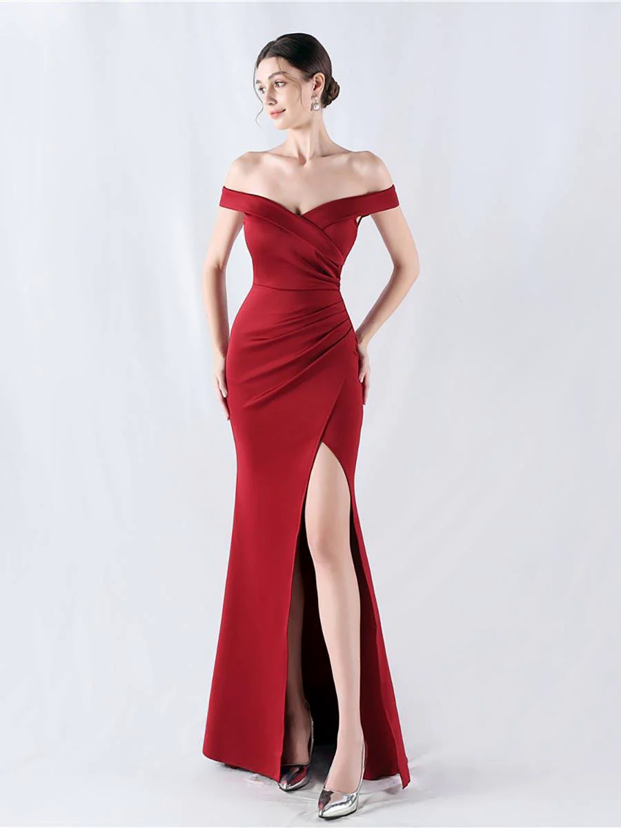 Off Shoulder Ruched Split Prom Dress MYN1003