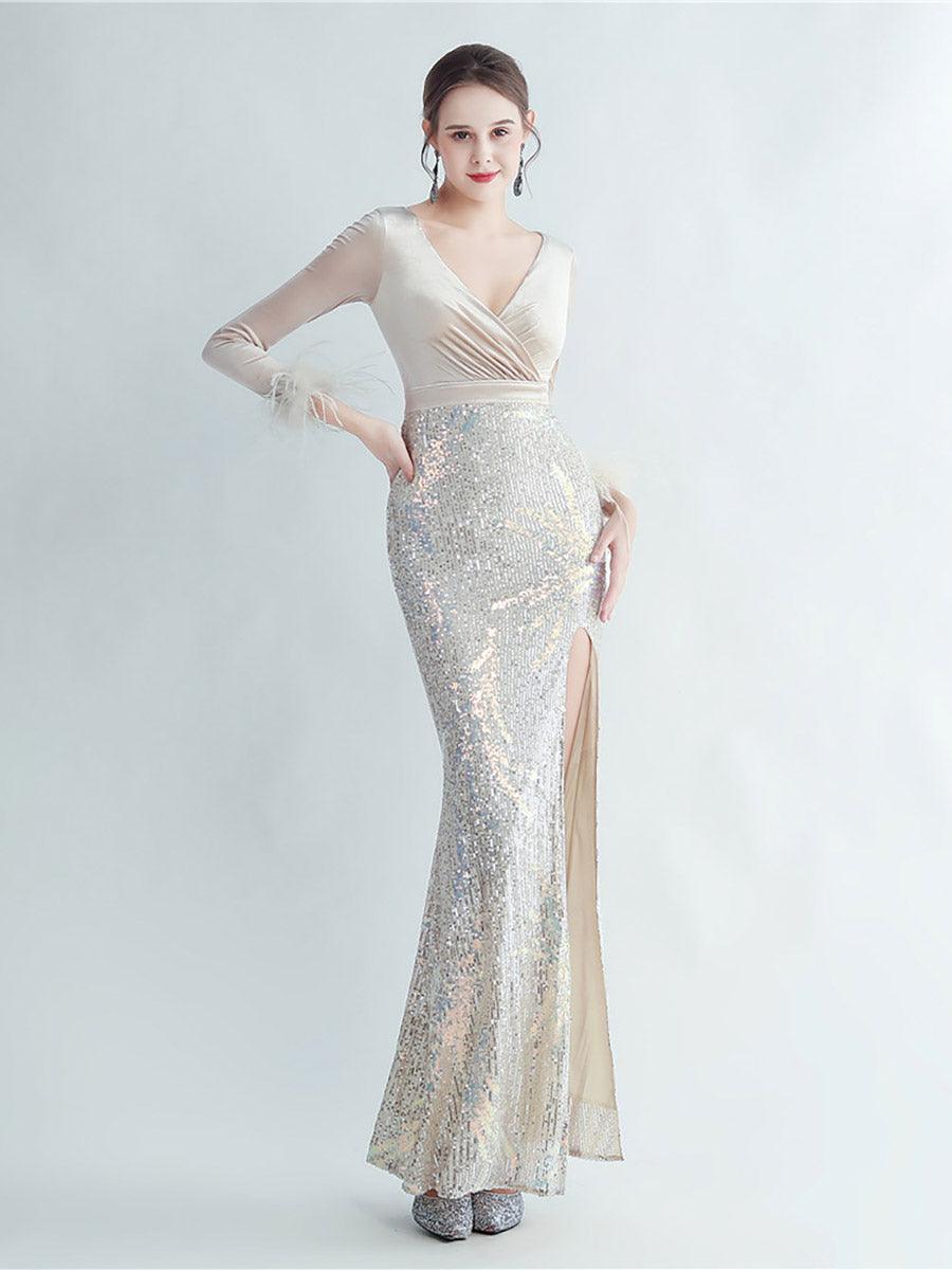 Long Sleeve Velvet Feather Wrap Prom Dress MCW0949