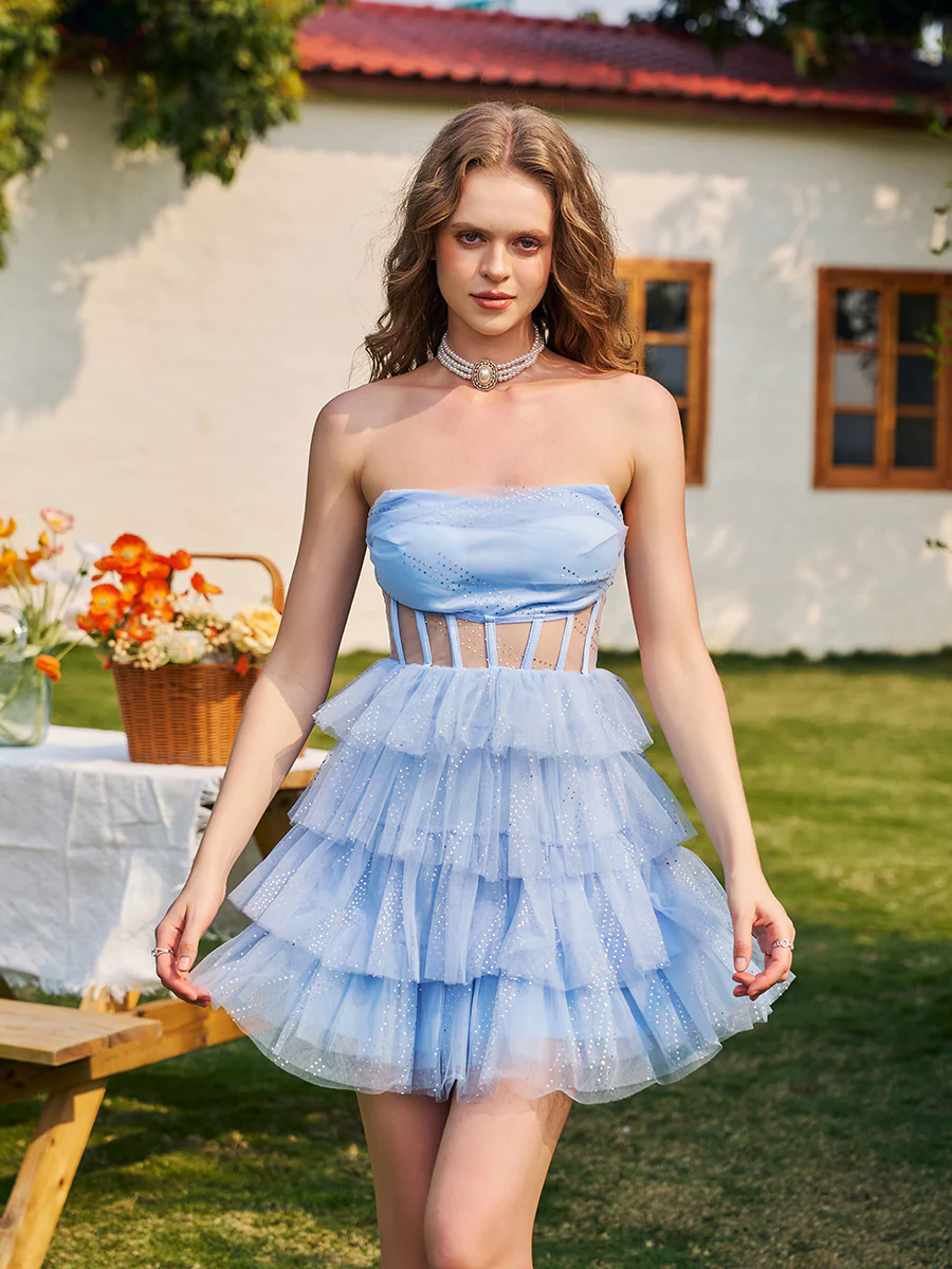 Sweet Layer Corset Mesh A-line Homecoming Dress QM1006