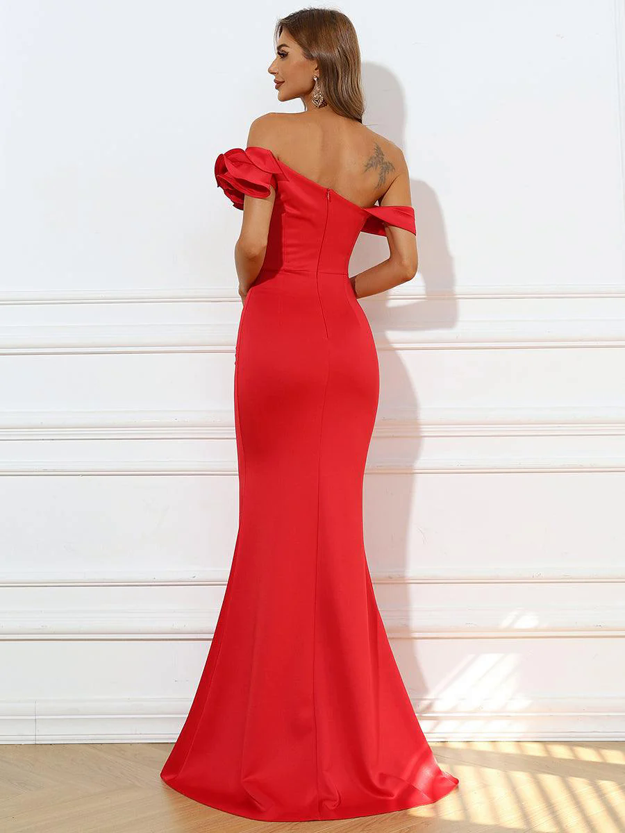Ruffled Off-Shoulder Red Mermaid Gown M01947