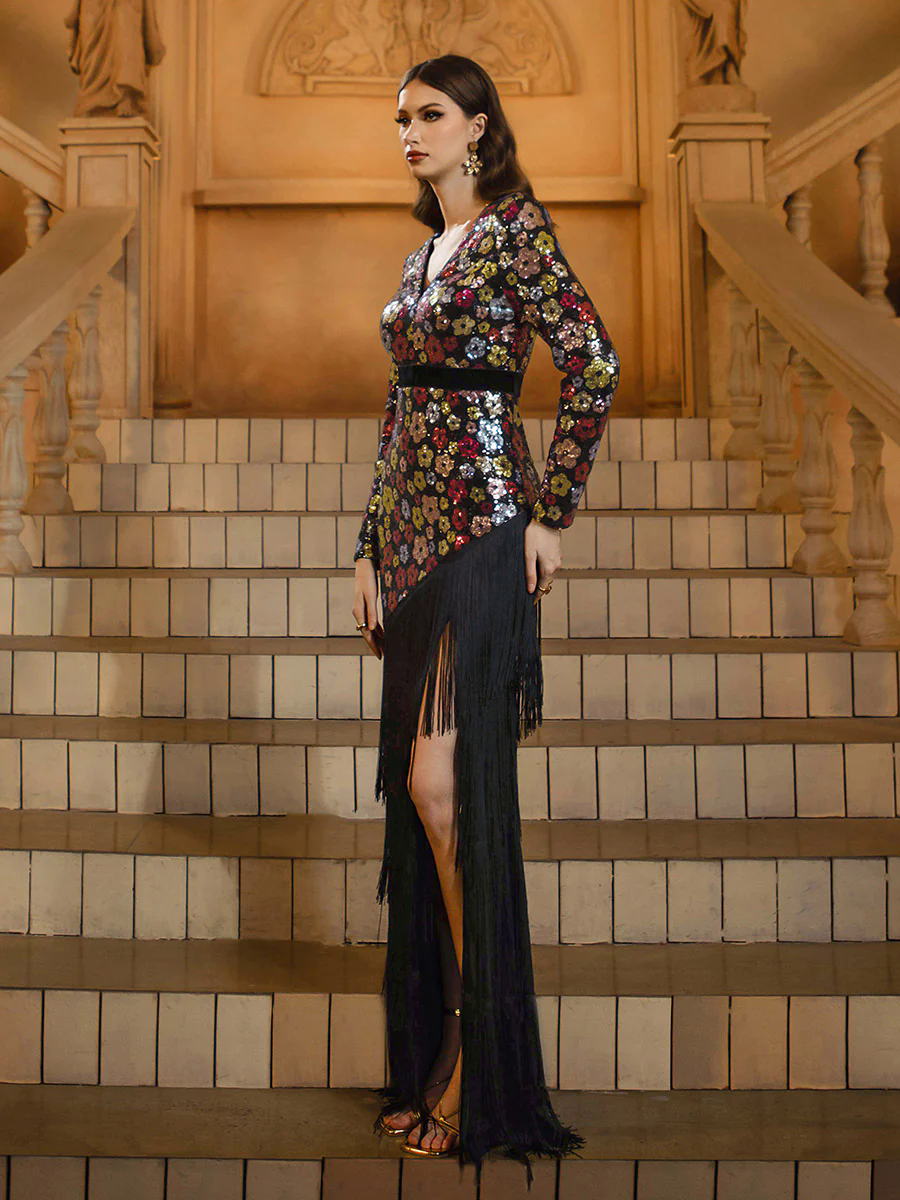 Fringed Split Floral Sequin Prom Dress GM00713