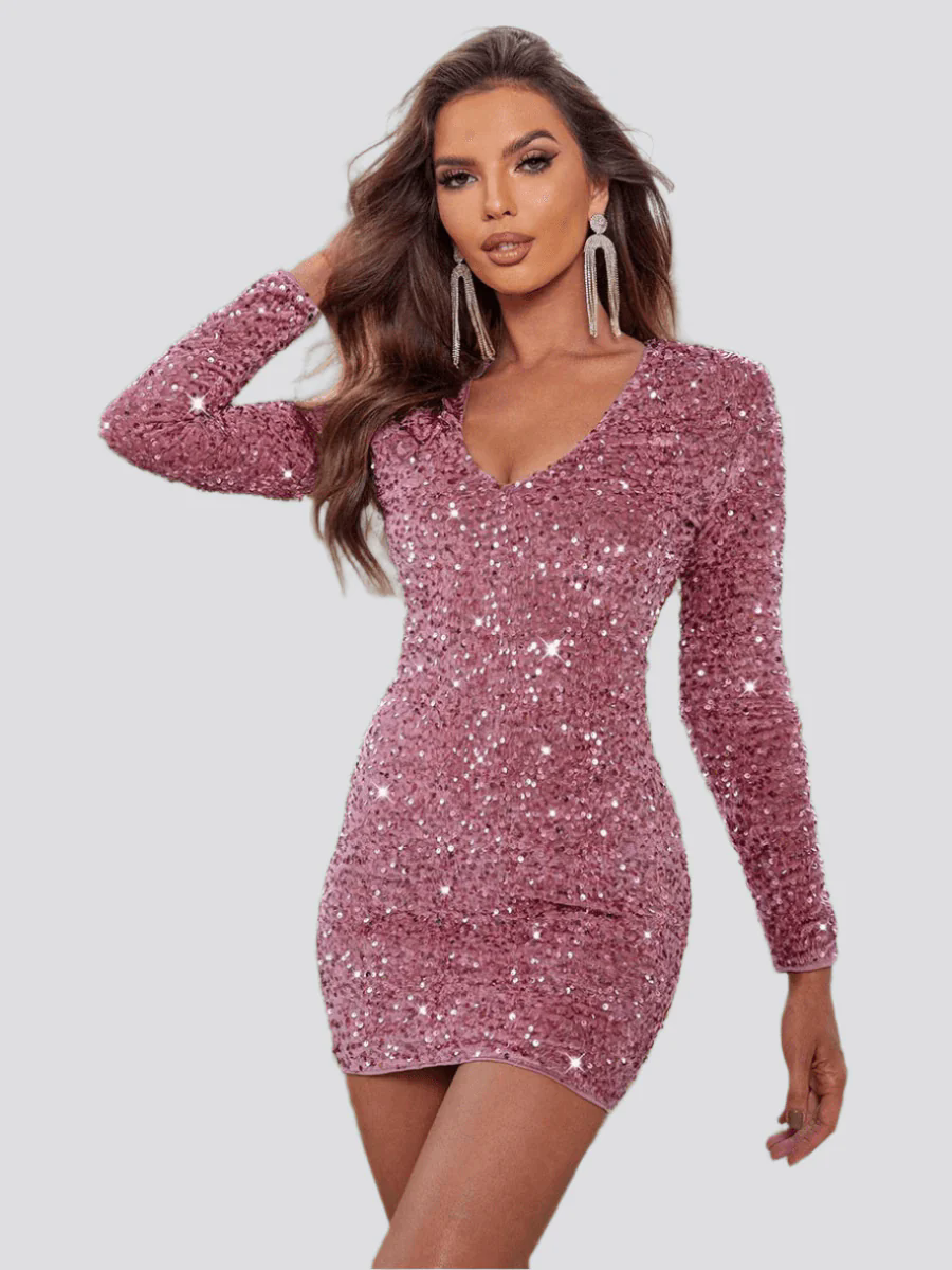 Sequin Long Sleeve V-neck Mini Party Dress MCC1213