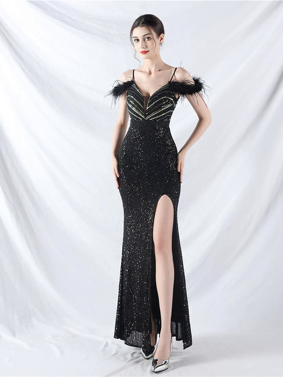 Cold Shoulder Feather Sequin Cocktail Dress MYC2006