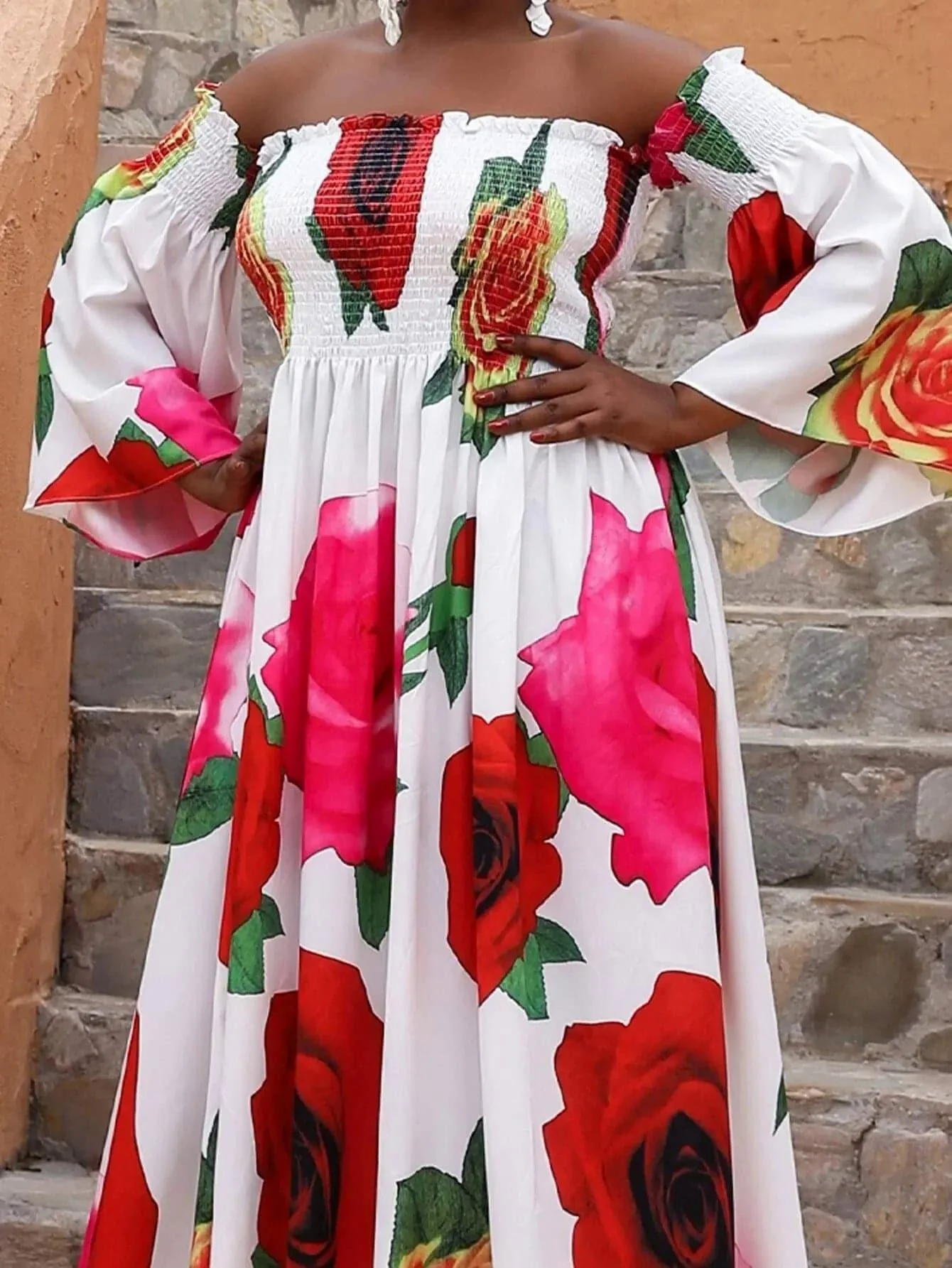 Missord Plus Floral Print Shirred Bardot Dress P0121