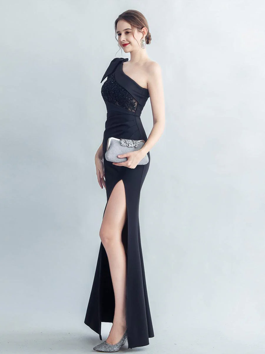 One Shoulder Panel Lace Split Prom Dress MYC2005