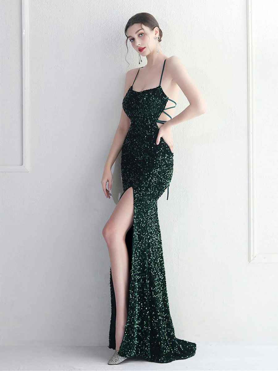 Lace Back Split Sequin Spaghetti Cocktail Dress MYC2004