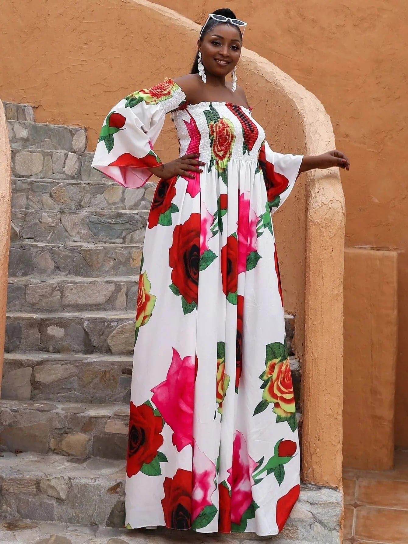 Missord Plus Floral Print Shirred Bardot Dress P0121