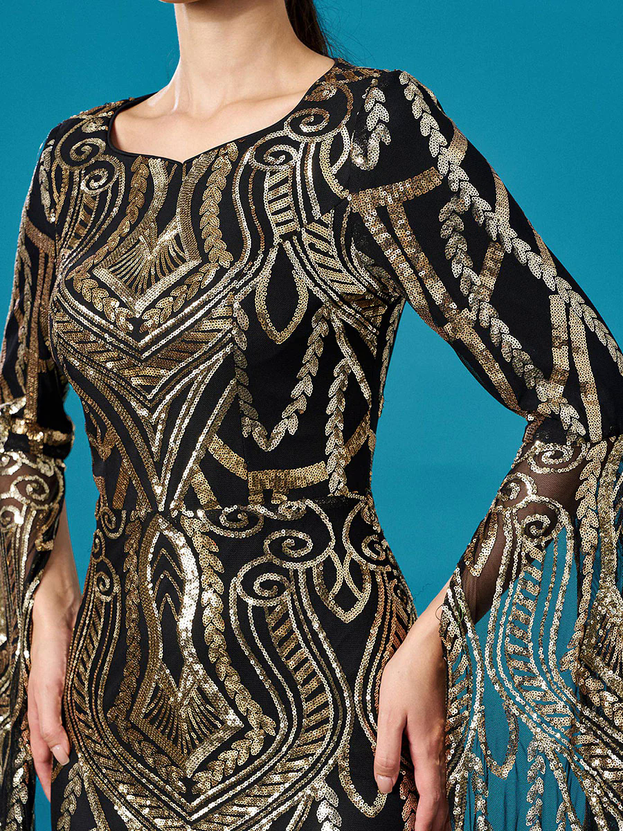 Luxury Geometric Sequin Long Sleeve Formal Dress DH80402