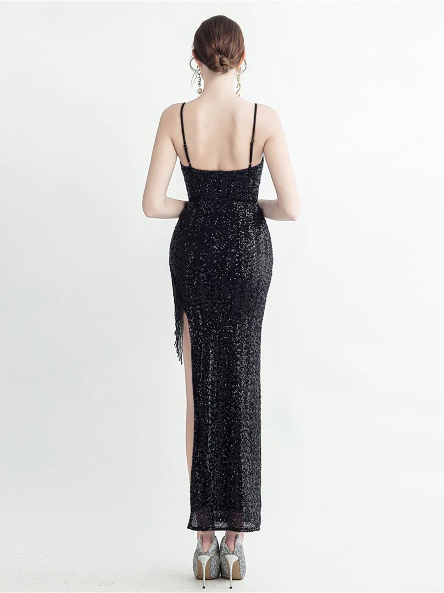 Fringed Sequin Spaghetti Split Cocktail Dress MYC2008