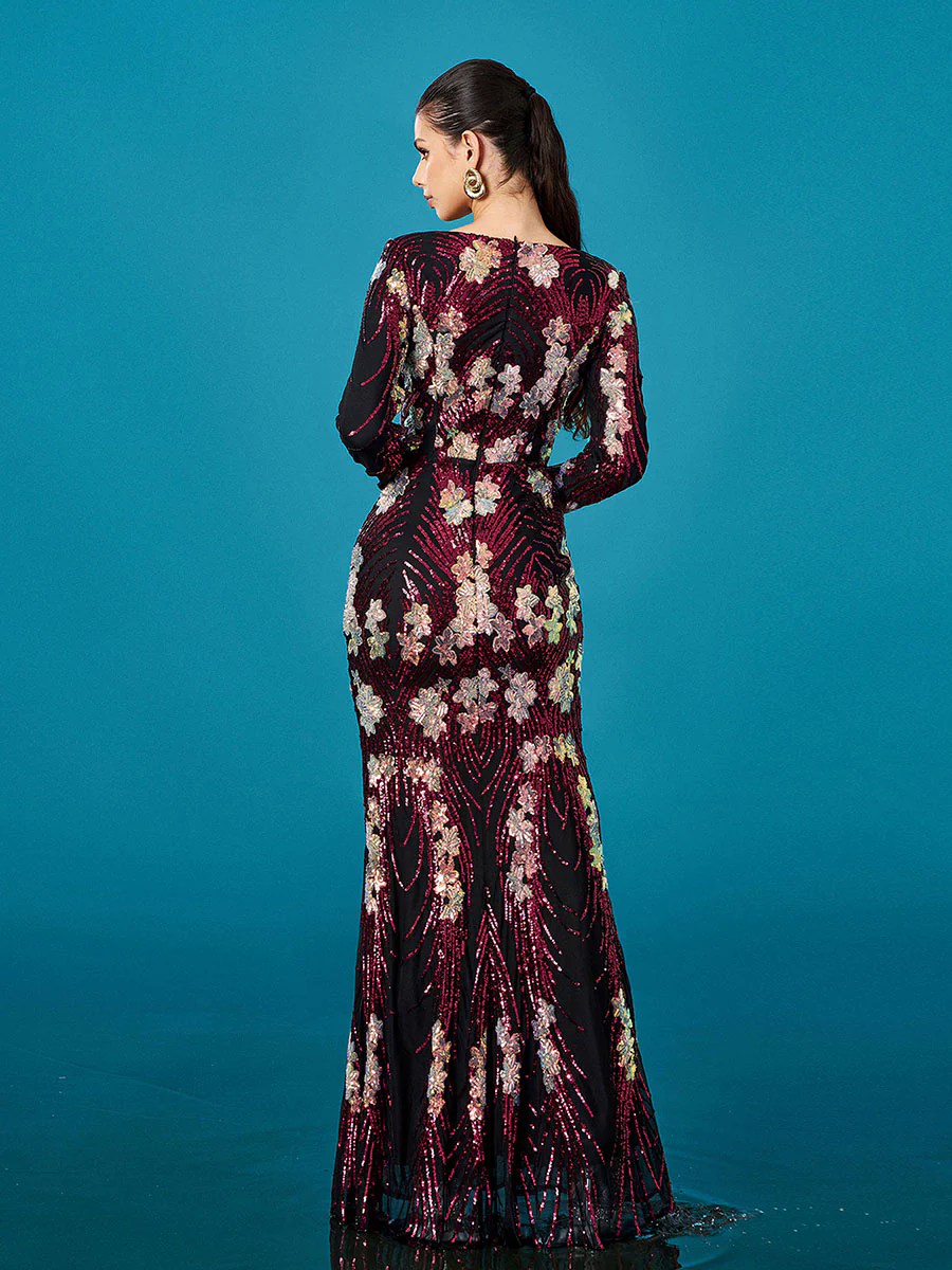 V-neck Floral Sequin Long Sleeve Prom Dress DH80236