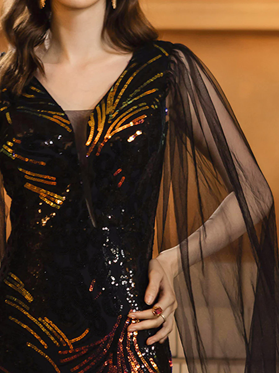 Black Mesh Sleeve Sequin Formal Dress RX70362
