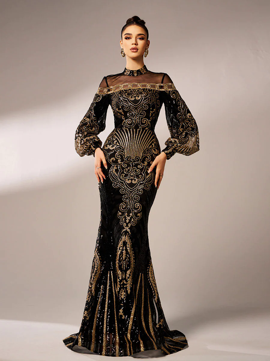 Luxe Embroidered Ballon Sleeve Evening Dress DH80229