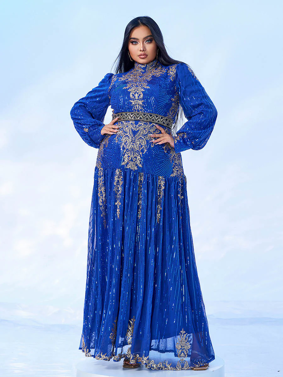 Plus Stand Collar Sequin A-line Dress PMES00341