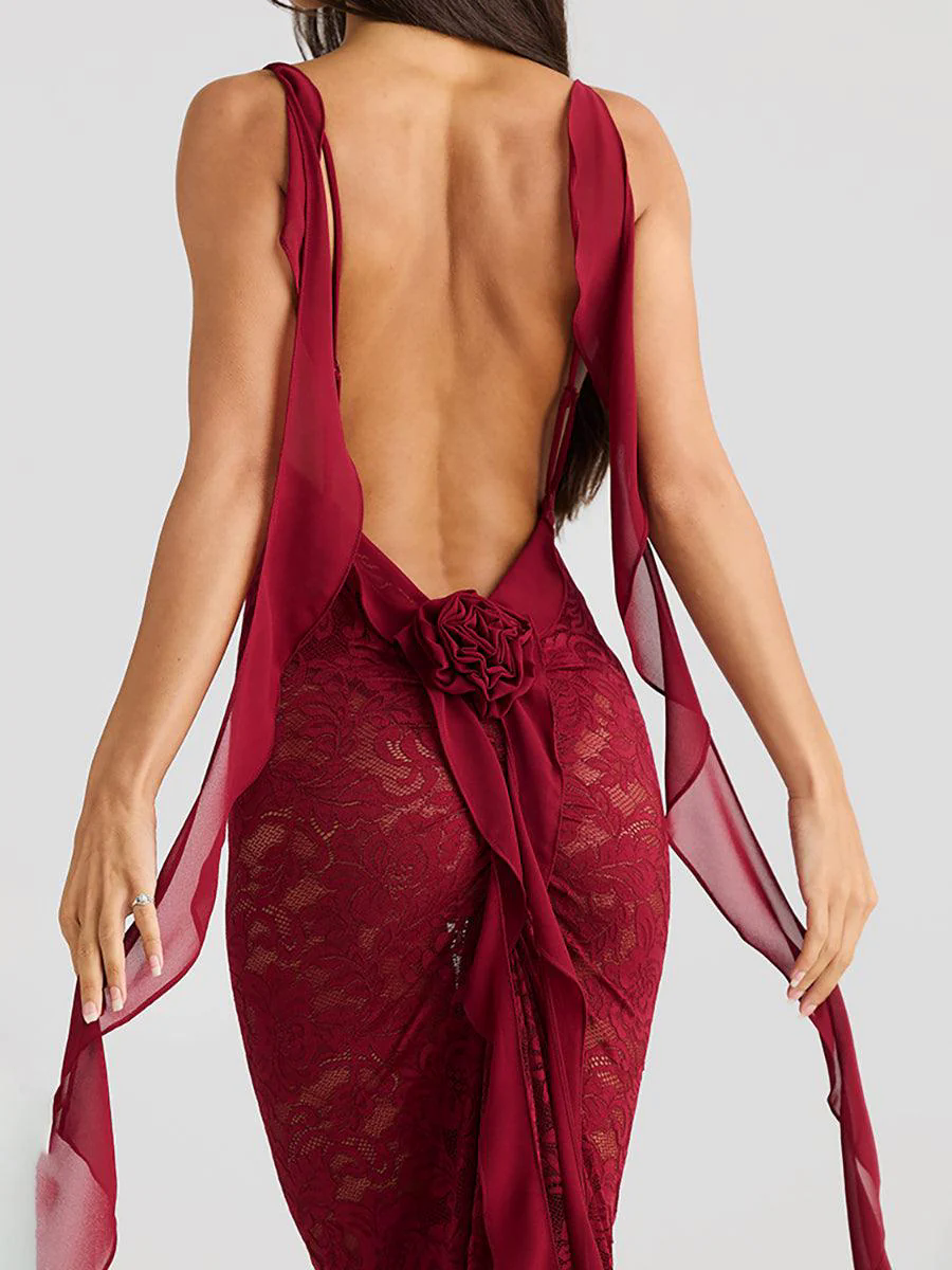 Backless Lace See-through Floral Party Dress MYC2025