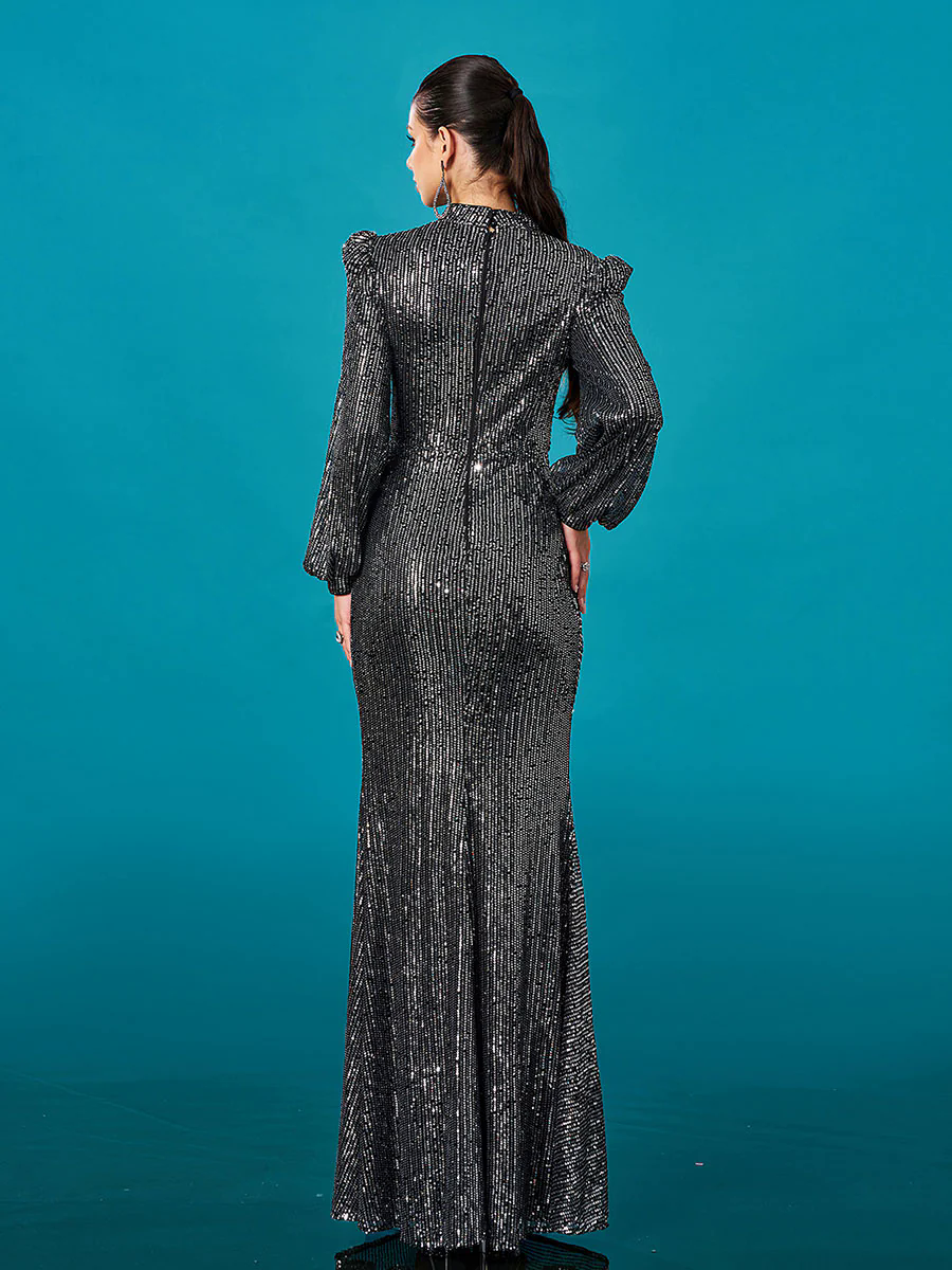 Long Sleeve Folds Solid Sequin Formal Dress DH80421