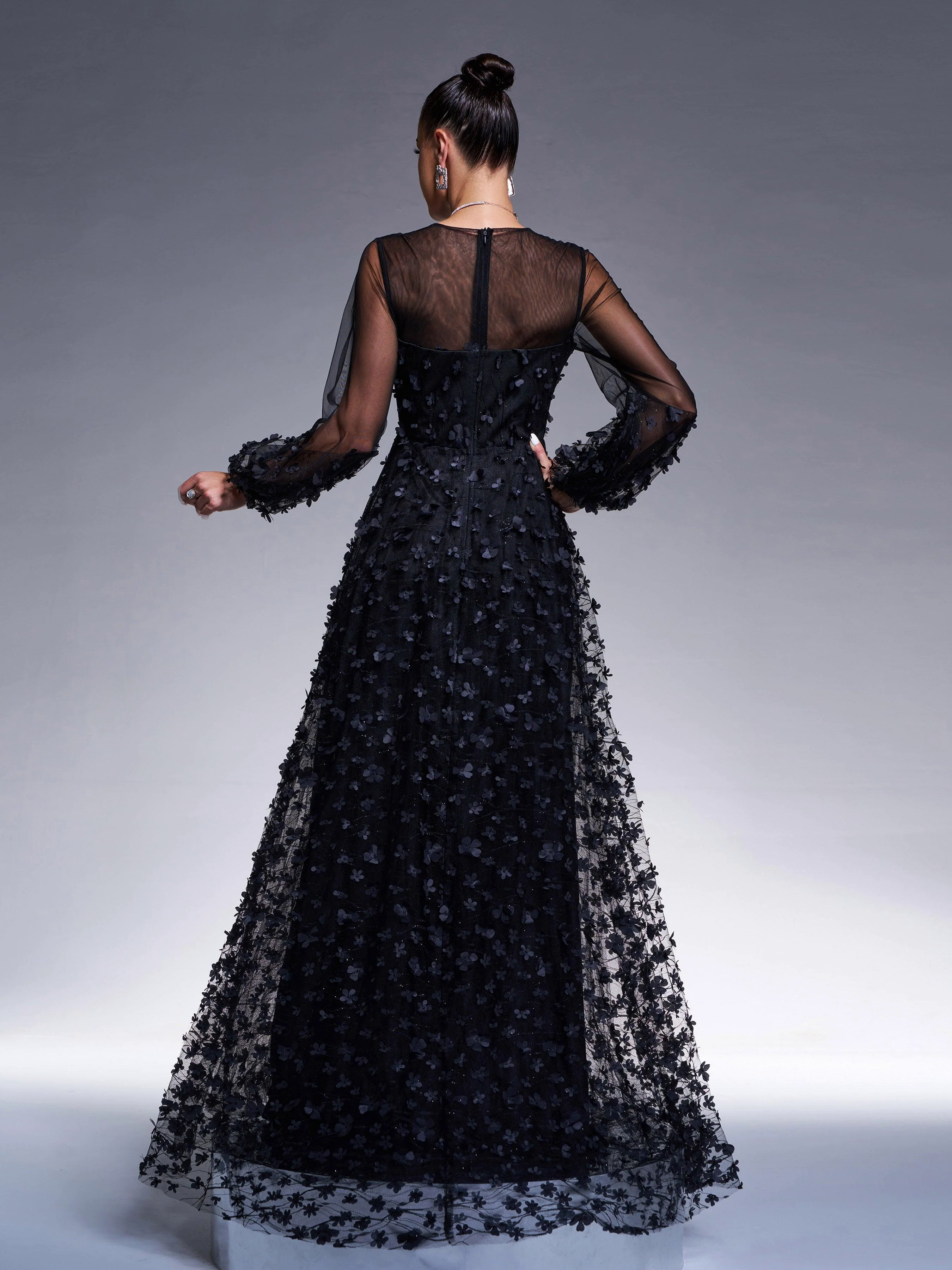 Appliqued Long Sleeve A-line Evening Dress RJ11934