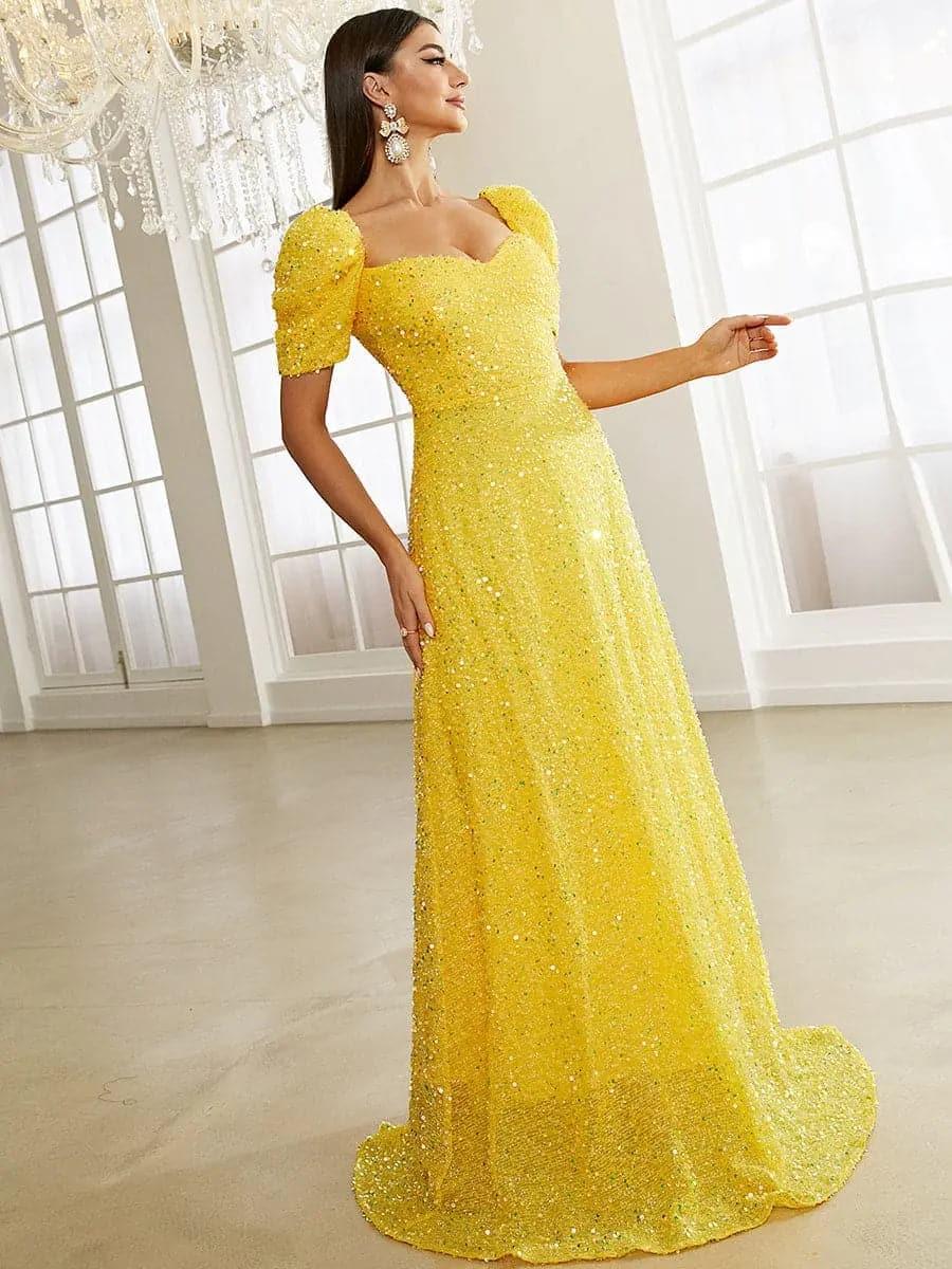 Light Yellow Puff Sleeve Sequin Maxi Dress XJ1509