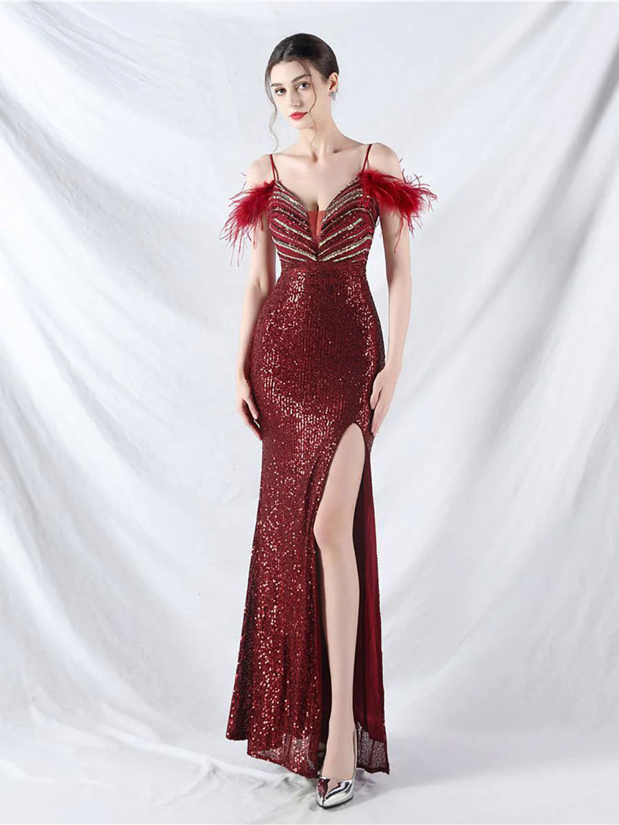 Cold Shoulder Feather Sequin Cocktail Dress MYC2006