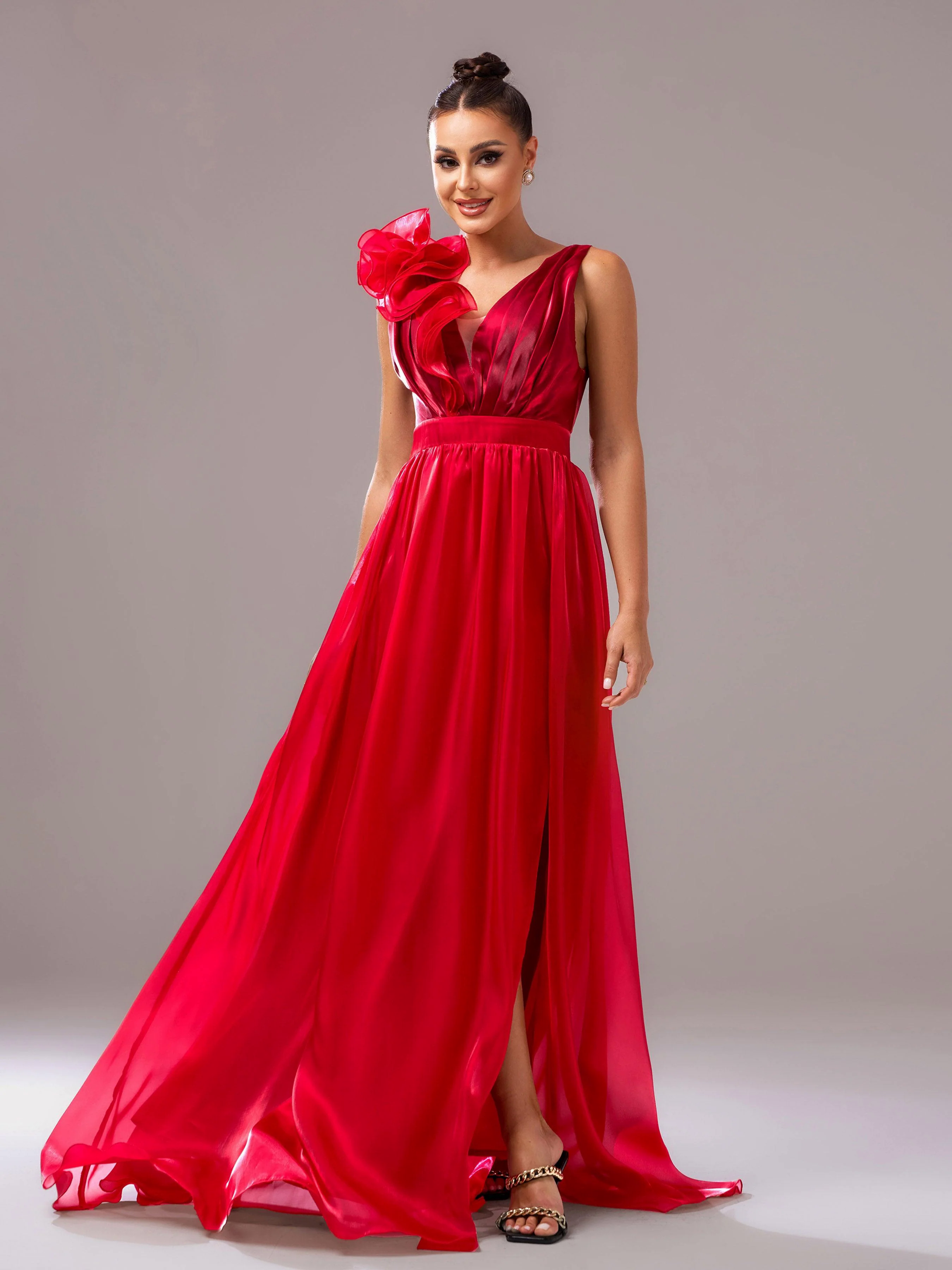 Red Floral Satin V-Neck A-line Evening Dress GZ60108