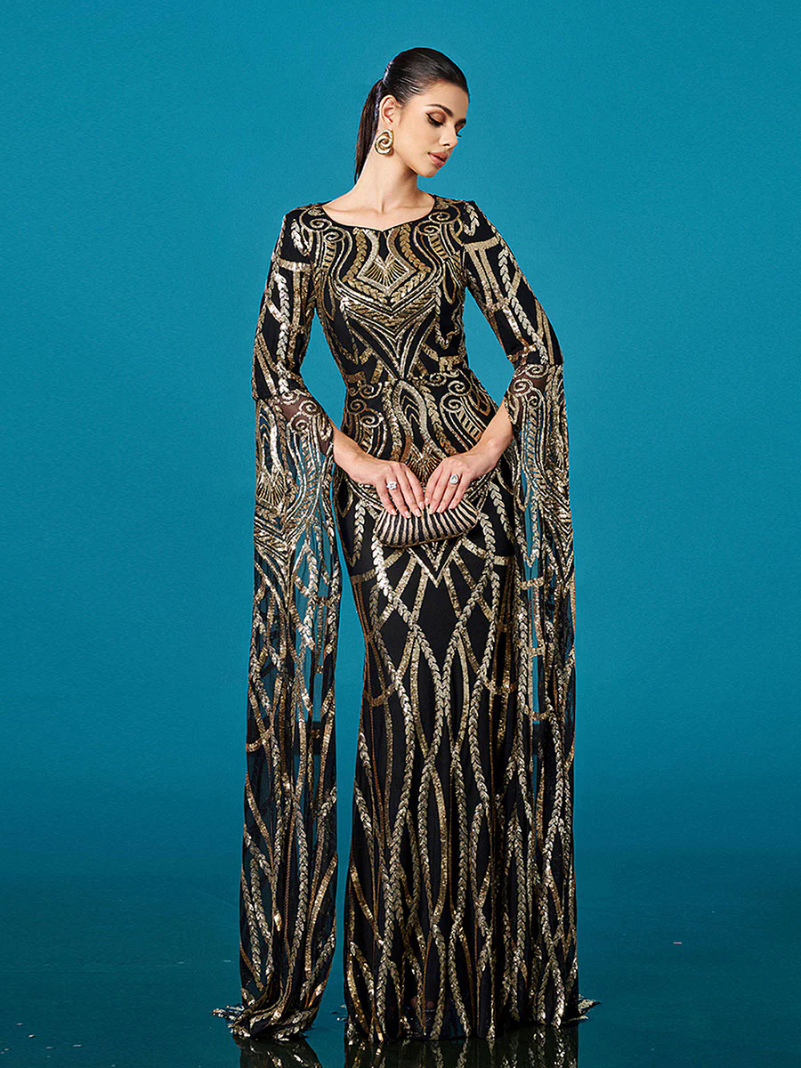 Luxury Geometric Sequin Long Sleeve Formal Dress DH80402