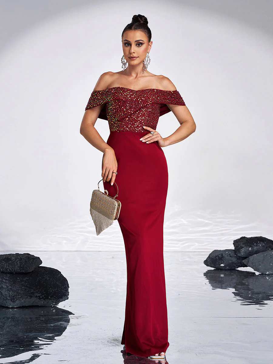 Off Shoulder Sequins Panel Black Evening Dress RM20181