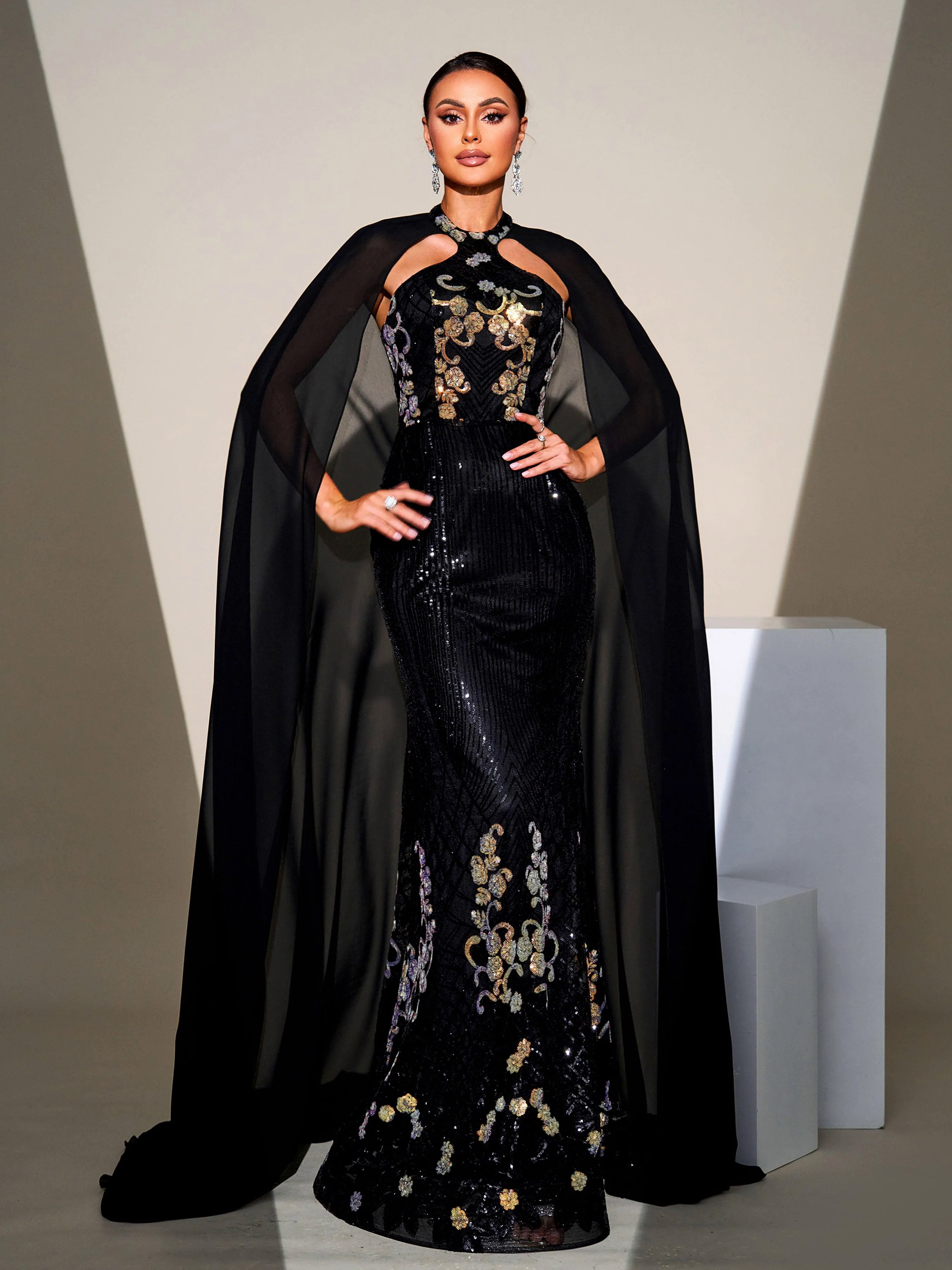 Cape Sleeve Mermaid Sequin Formal Dress DH80100